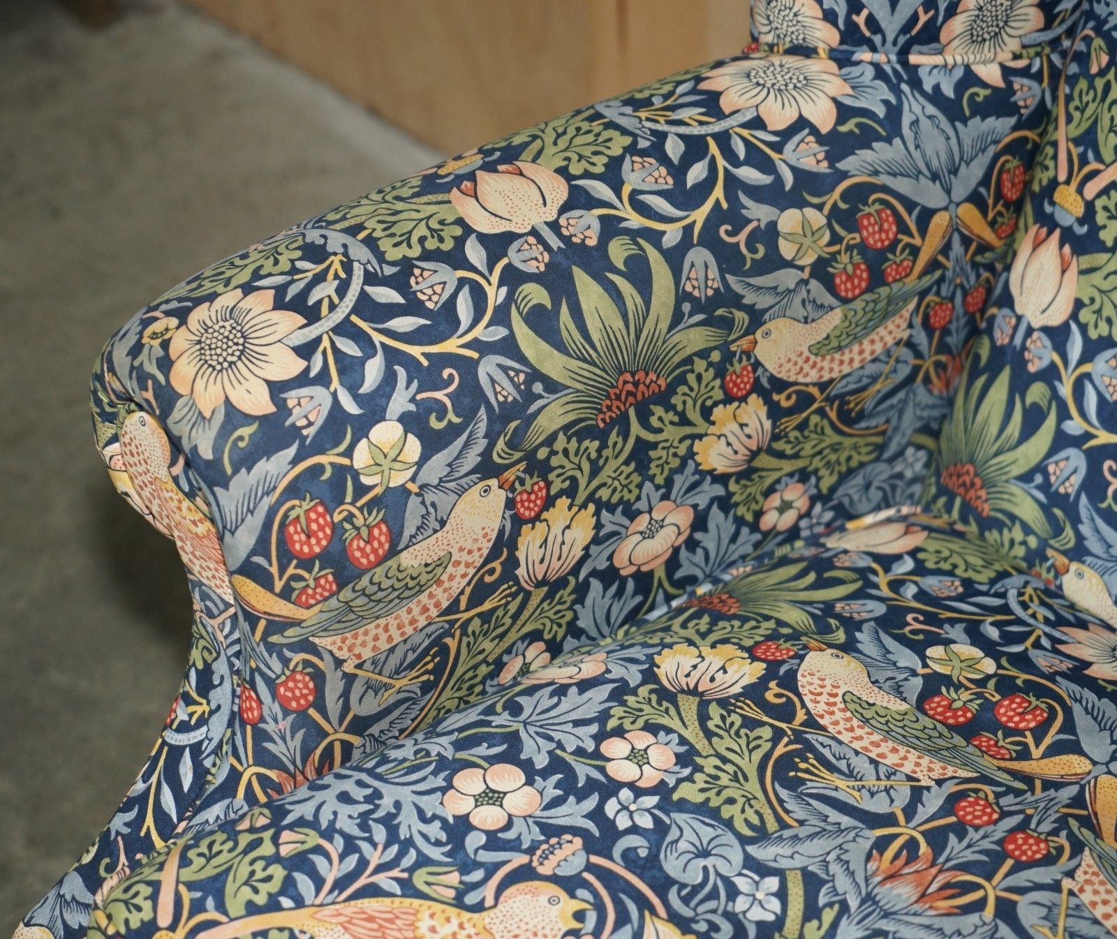 photo for sale Stunningly Restored William Morris Strawberry Thief Fabric Wingback Armchair