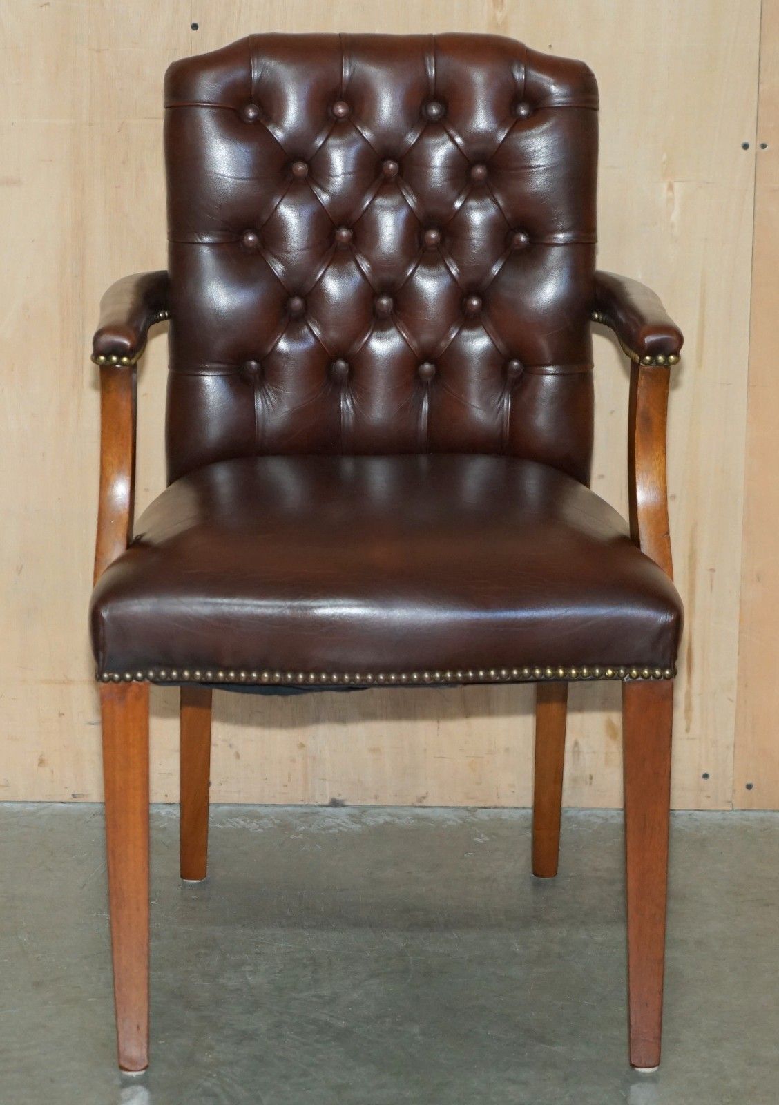 George II Style Chesterfield Brown Leather Gainsborough Carver Office Armchair photo for sale