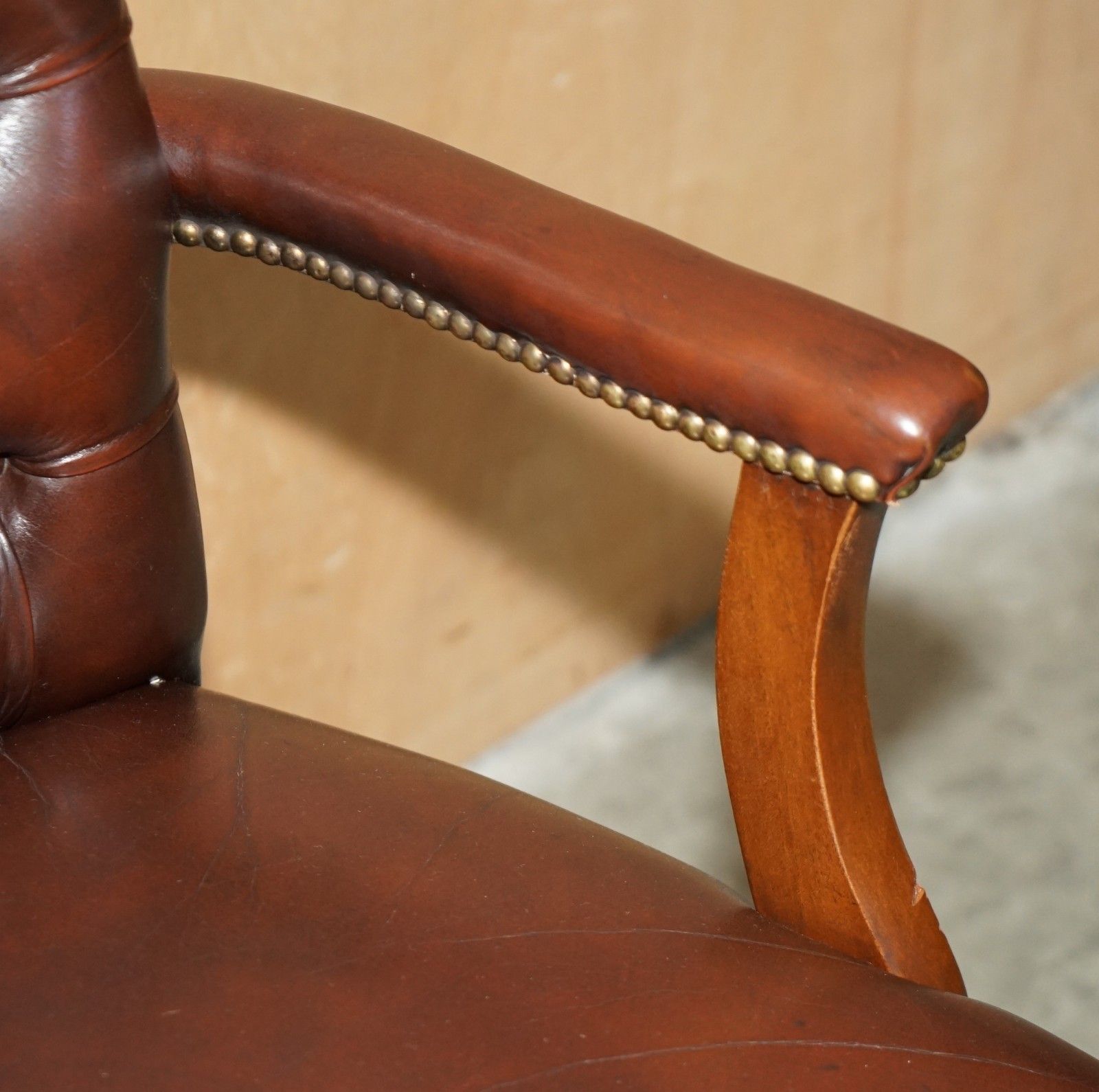 George II Style Chesterfield Brown Leather Gainsborough Carver Office Armchair photo vintage