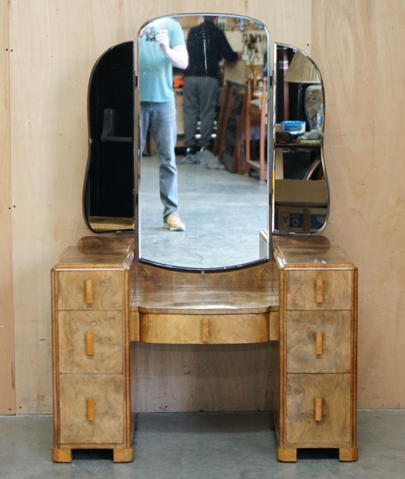 Lovely Art Deco Circa 1930's Satin Walnut Dressing Table + Mirror Part Of Suite photo for sale
