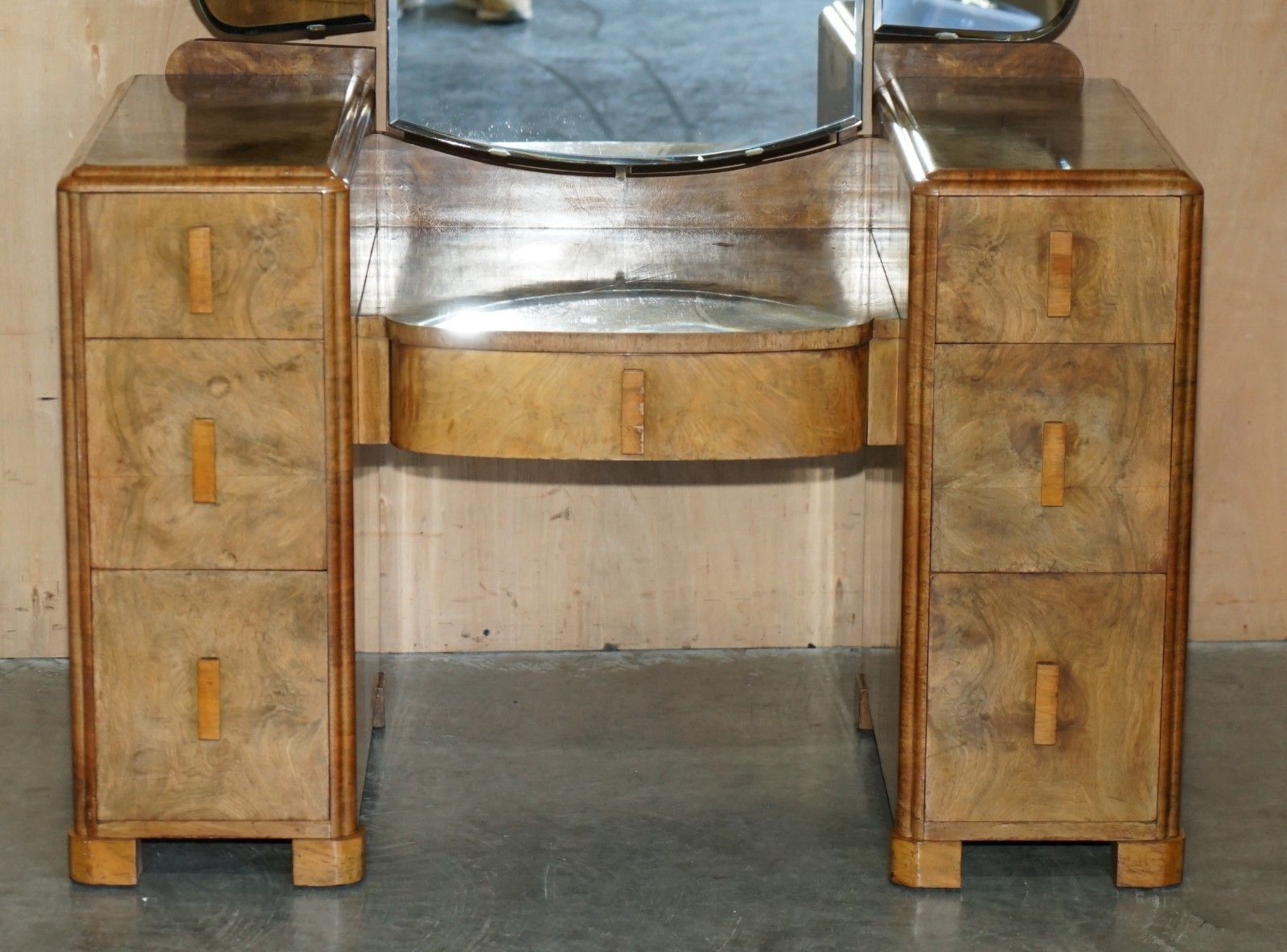 Lovely Art Deco Circa 1930's Satin Walnut Dressing Table + Mirror Part Of Suite photo Furniture
