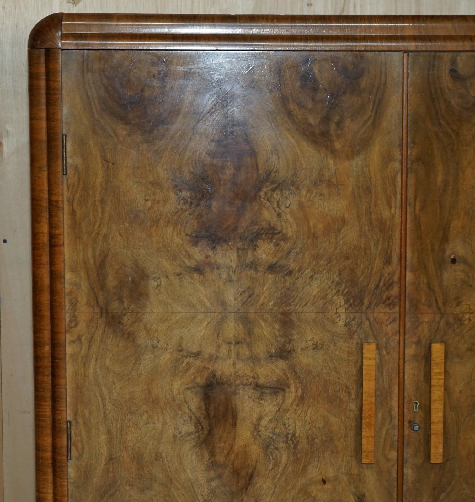 Antique Art Deco Circa 1930's Satin Burr Walnut Double Wardrobe Part Of Suite photo Furniture