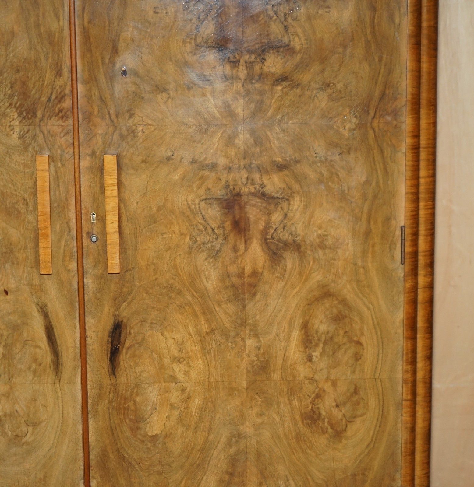 photo furniture Antique Art Deco Circa 1930's Satin Burr Walnut Double Wardrobe Part Of Suite