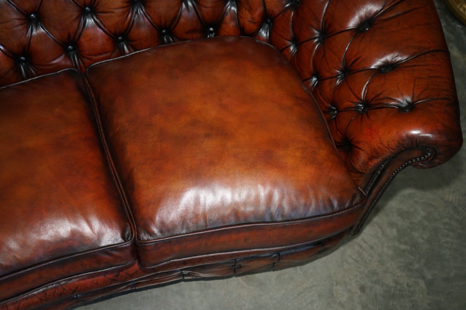 Furniture Vintage Hand Dyed Fully Restored Whisky Brown Leather Curved Chesterfield Sofa photo