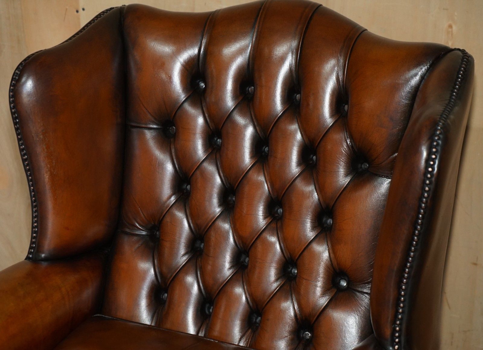 Restored Claw & Ball Feet Chesterfield Tufted Brown Leather Wingback Armchair photo 2850.0