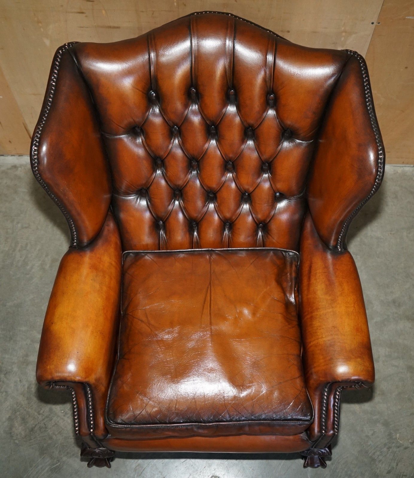 Restored Claw & Ball Feet Chesterfield Tufted Brown Leather Wingback Armchair photo vinterior