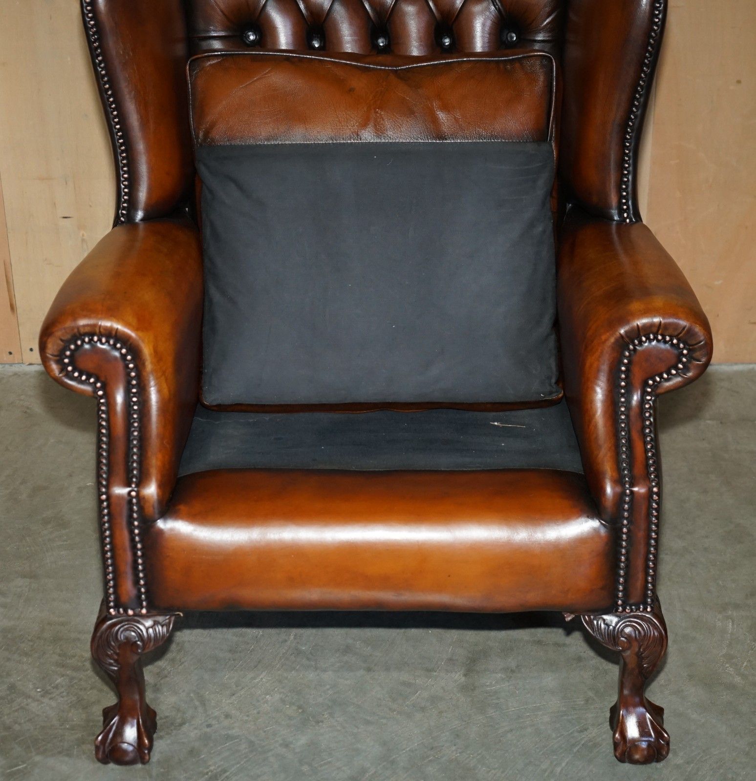 2850.0 Restored Claw & Ball Feet Chesterfield Tufted Brown Leather Wingback Armchair photo