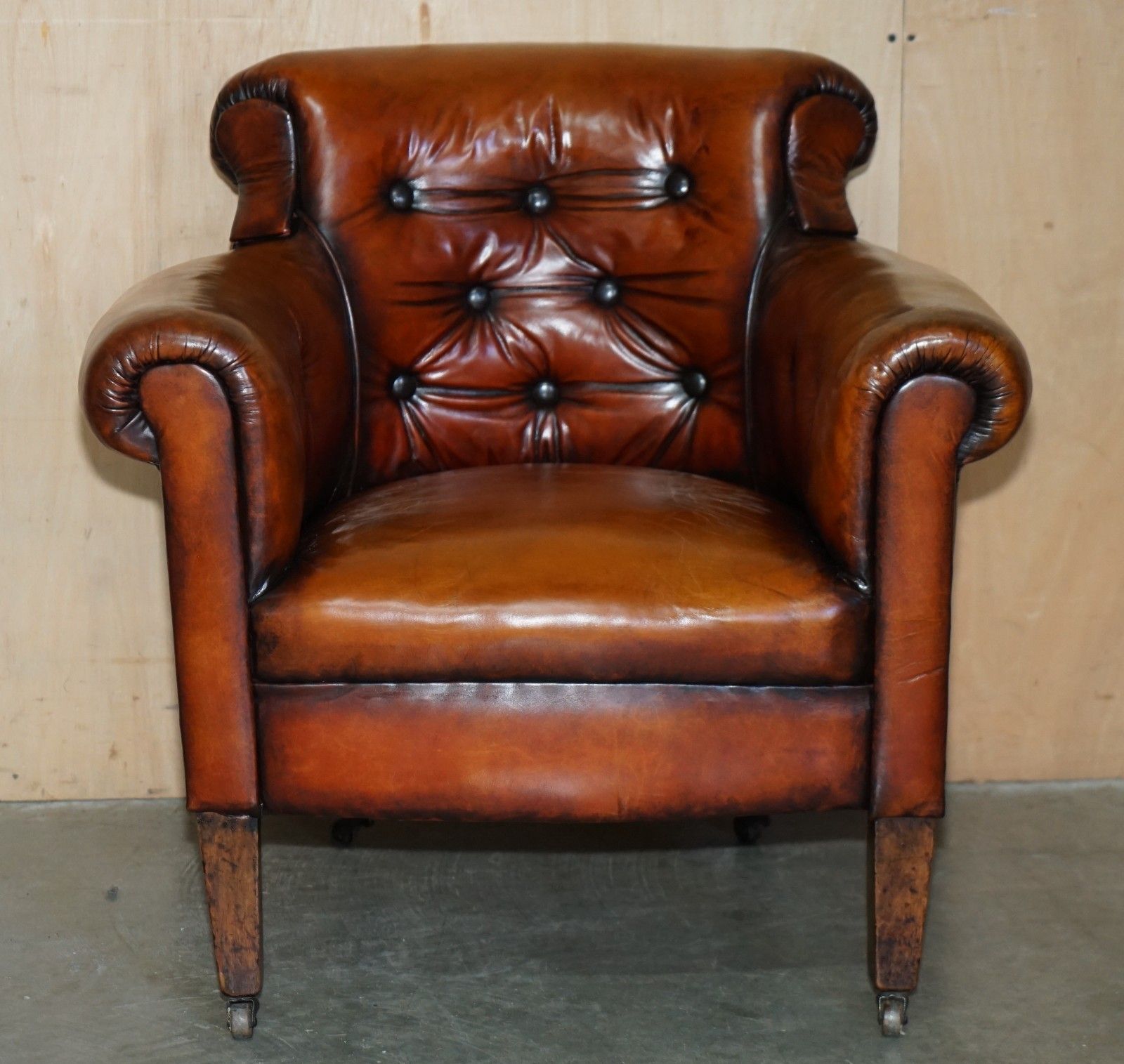 Fully Restored Edwardian Chesterfield Hand Dyed Brown Leather Tub Club Armchair photo for sale