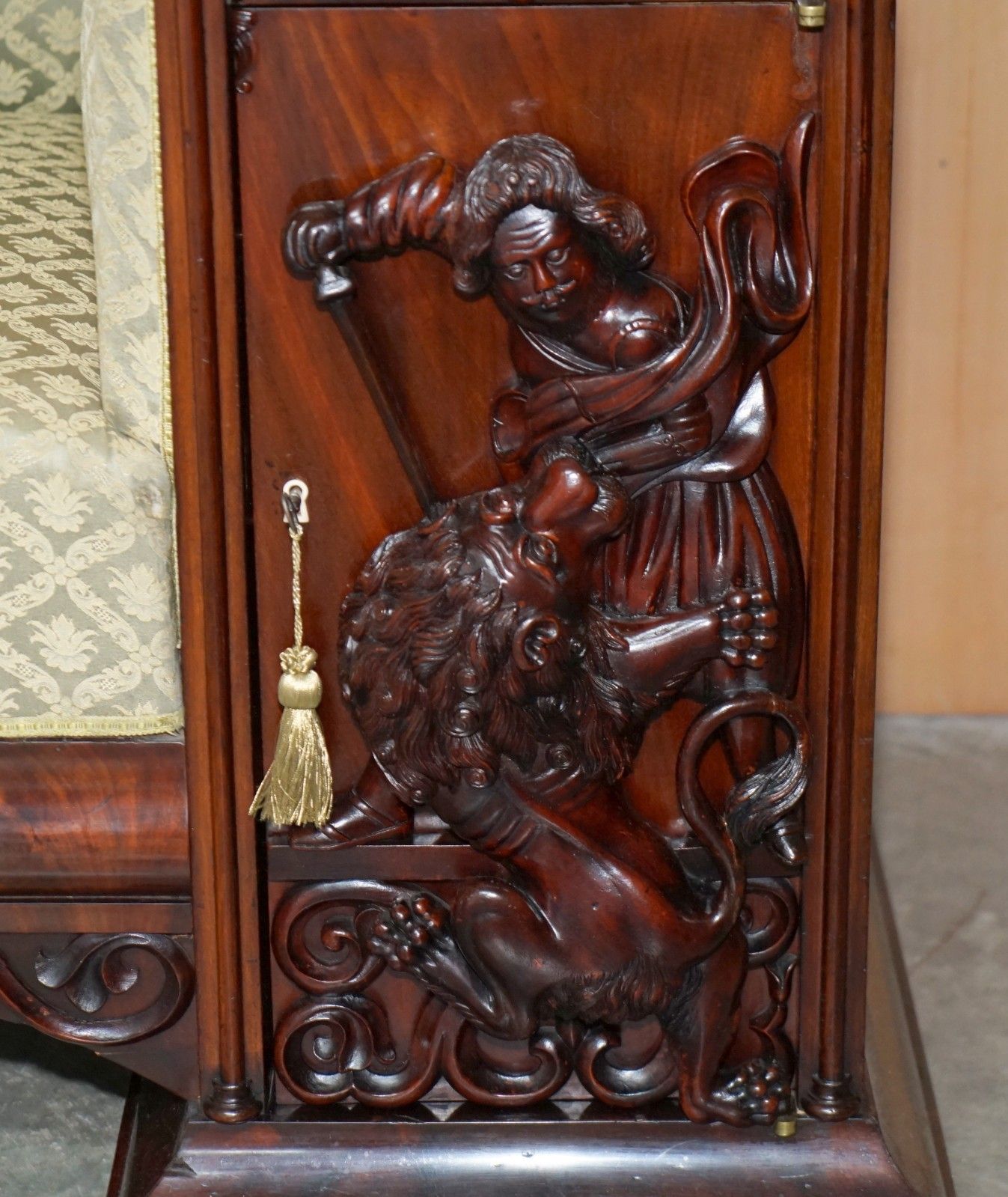 photo for sale Restored Flamed Mahogany Lion Carved Antique William IV Sofa Cupboard Lock Arms