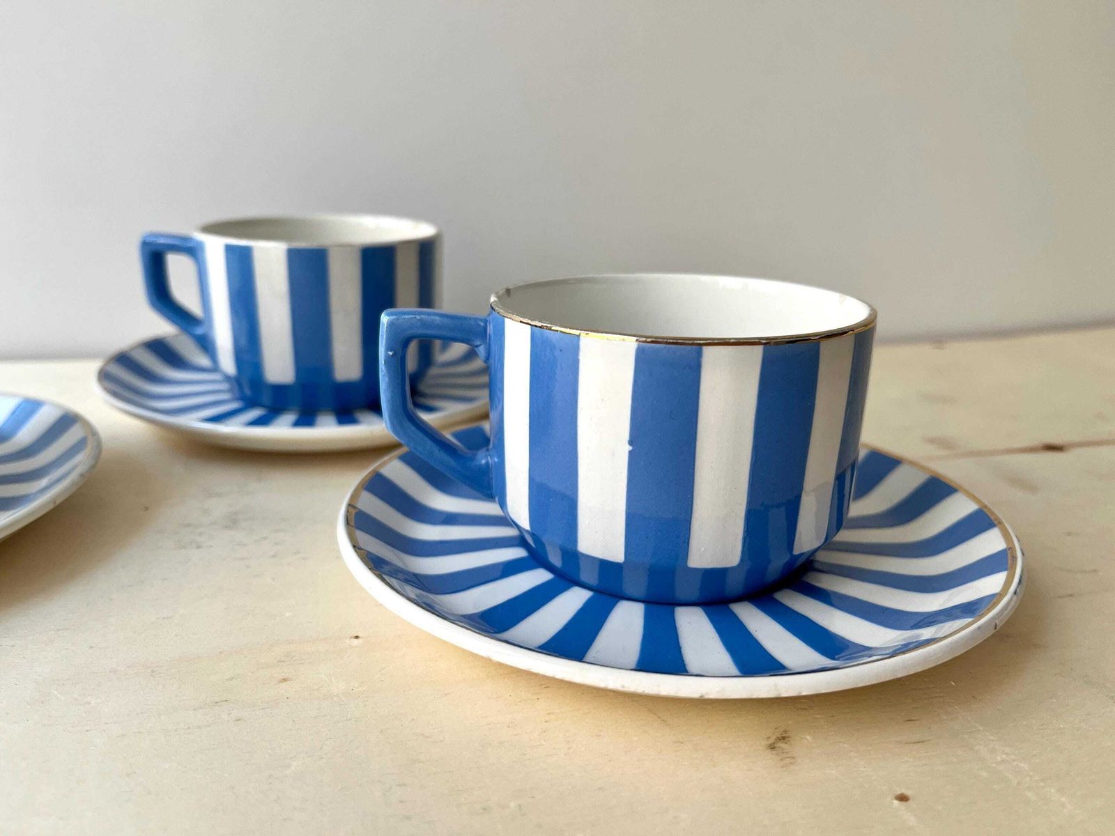 French Art Deco Set Of 3 Teacups And Saucers, Fox Trott Sarreguemines France 1930s, Antique Blue Stripes Earthenware Tableware photo 244.0