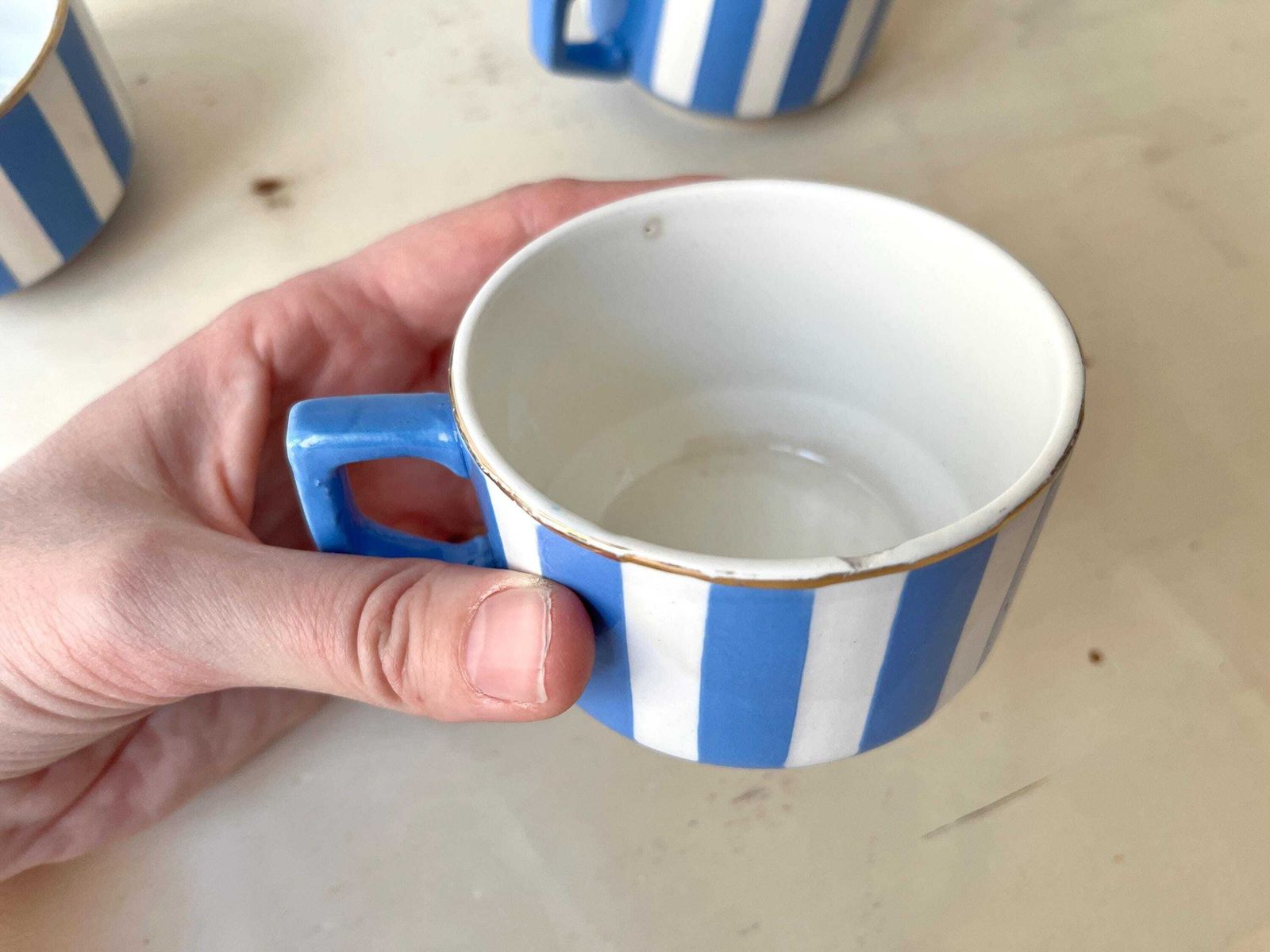 photo for sale French Art Deco Set Of 3 Teacups And Saucers, Fox Trott Sarreguemines France 1930s, Antique Blue Stripes Earthenware Tableware