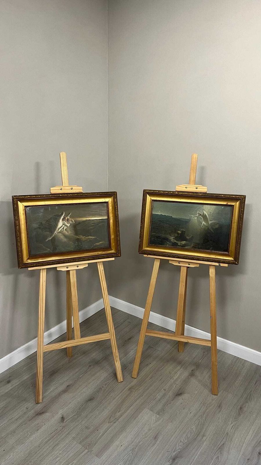 Pair Antique Late 19thc Glazed Oleograph Pictures In Gilt Frames Classical Angel Scenes