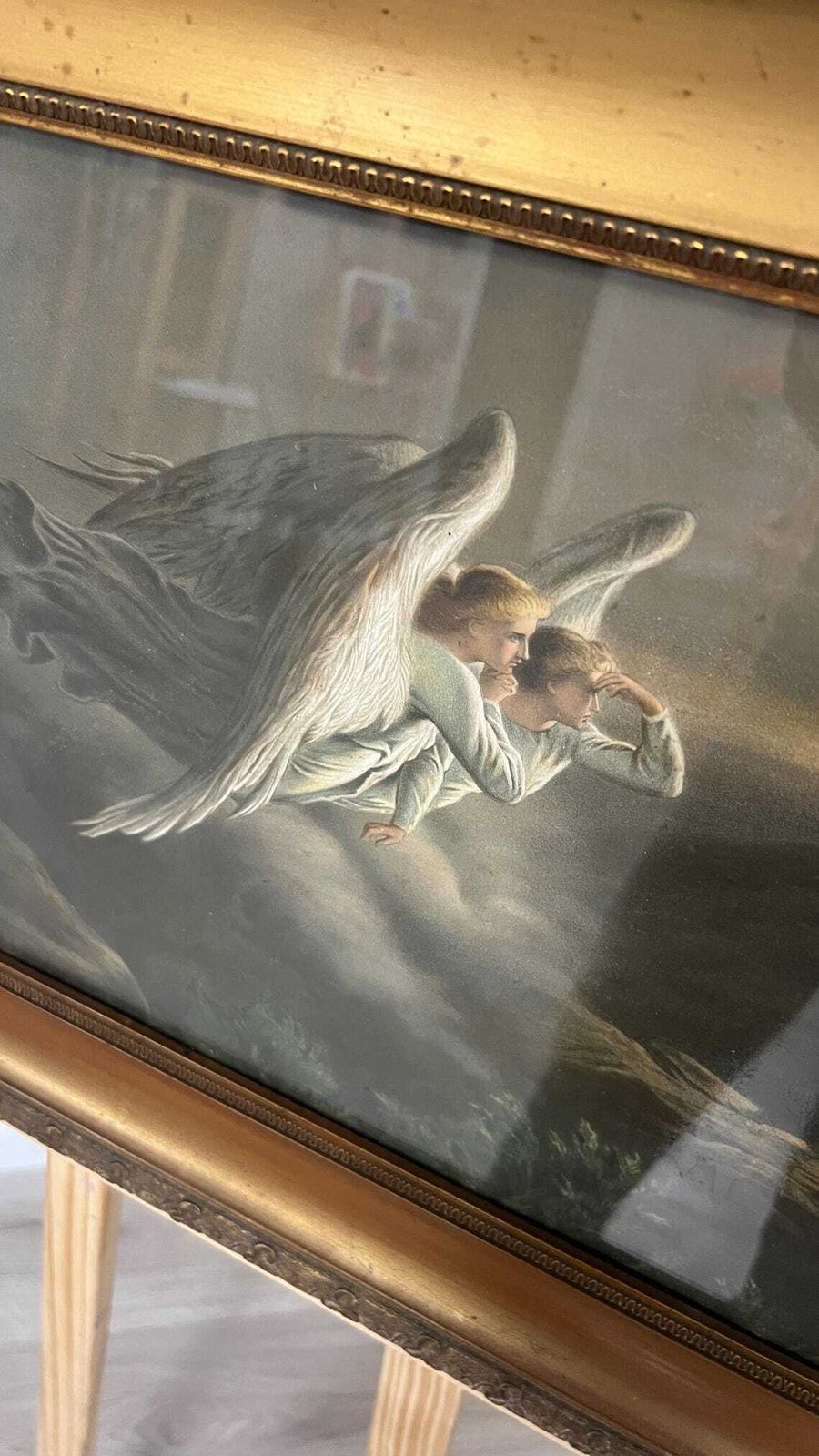 Pair Antique Late 19thc Glazed Oleograph Pictures In Gilt Frames Classical Angel Scenes photo buy