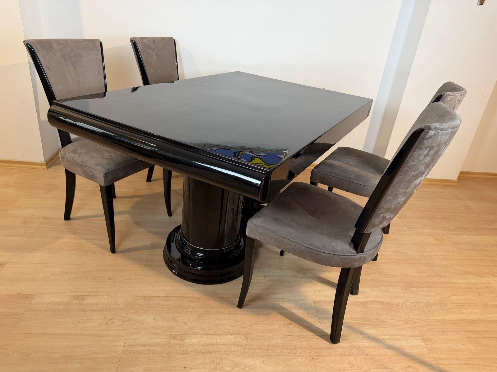 photo vintage Art Deco Dining Table, Black Piano Lacquer, Metal, France, Circa 1930