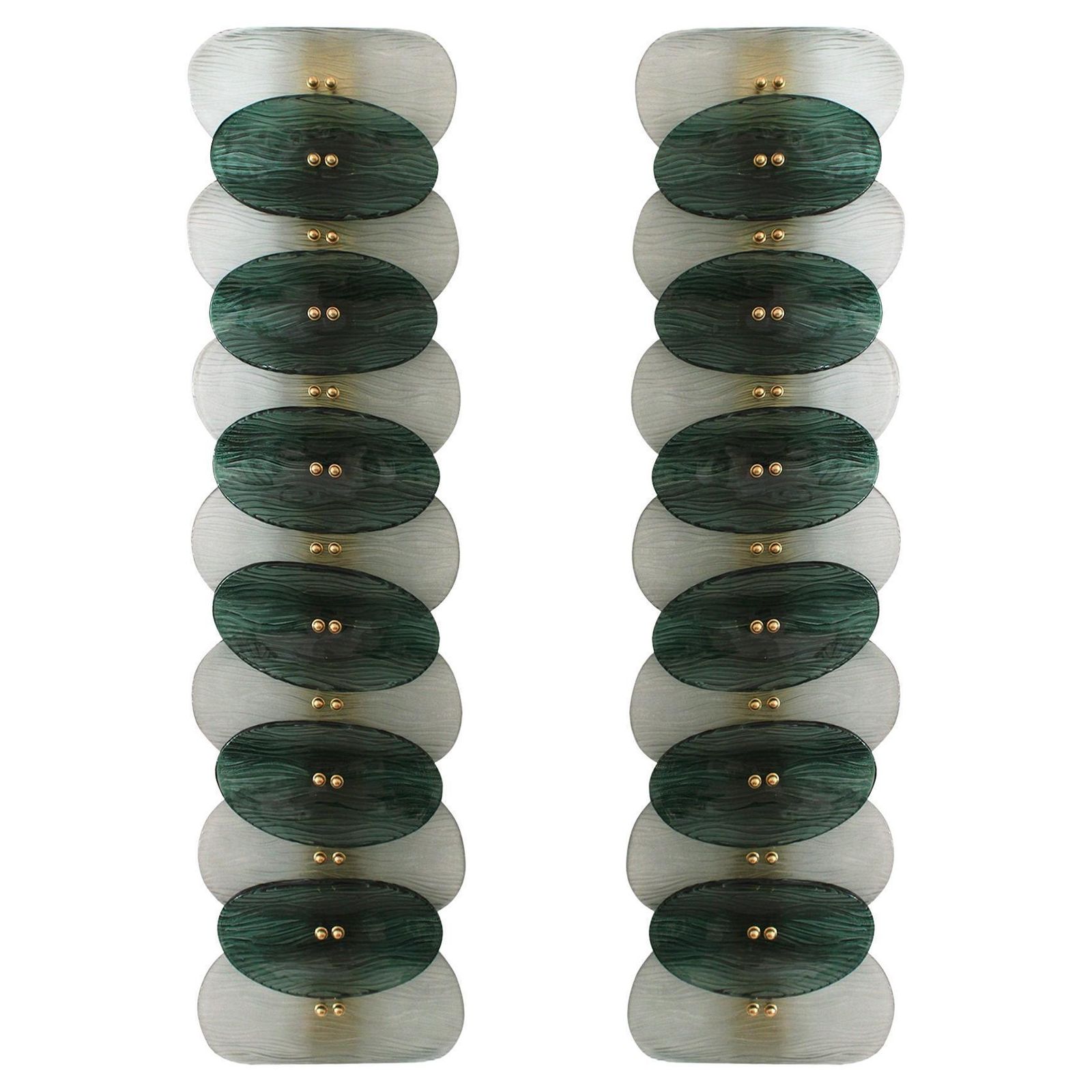 Mid Modern Style Green And White Murano Glass And Brass Italian Wall Sconces