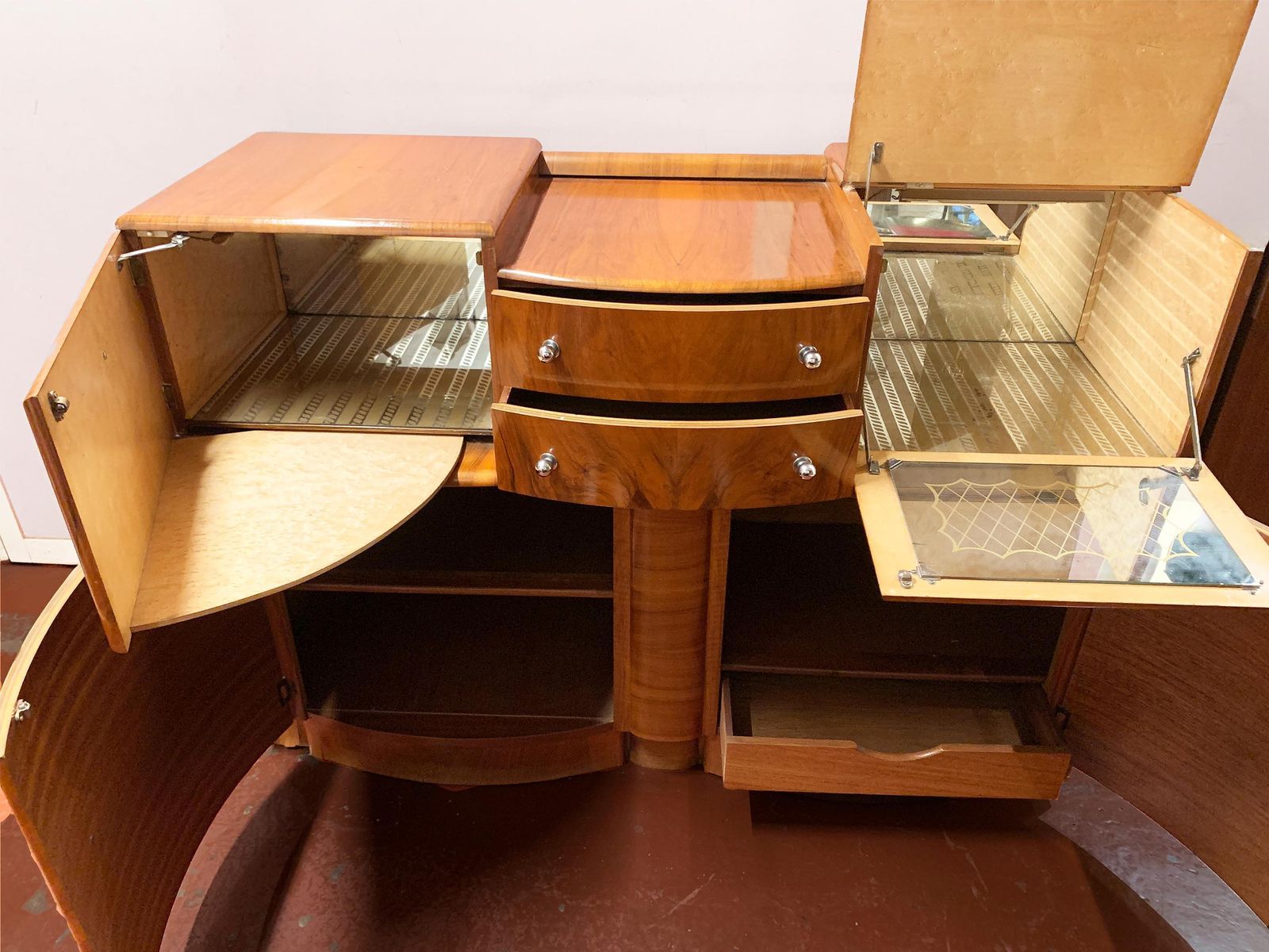 Art Deco Figured Wood Sideboard & Twin Mirror Cocktail Cabinet, Circa 1930's photo 7621.0