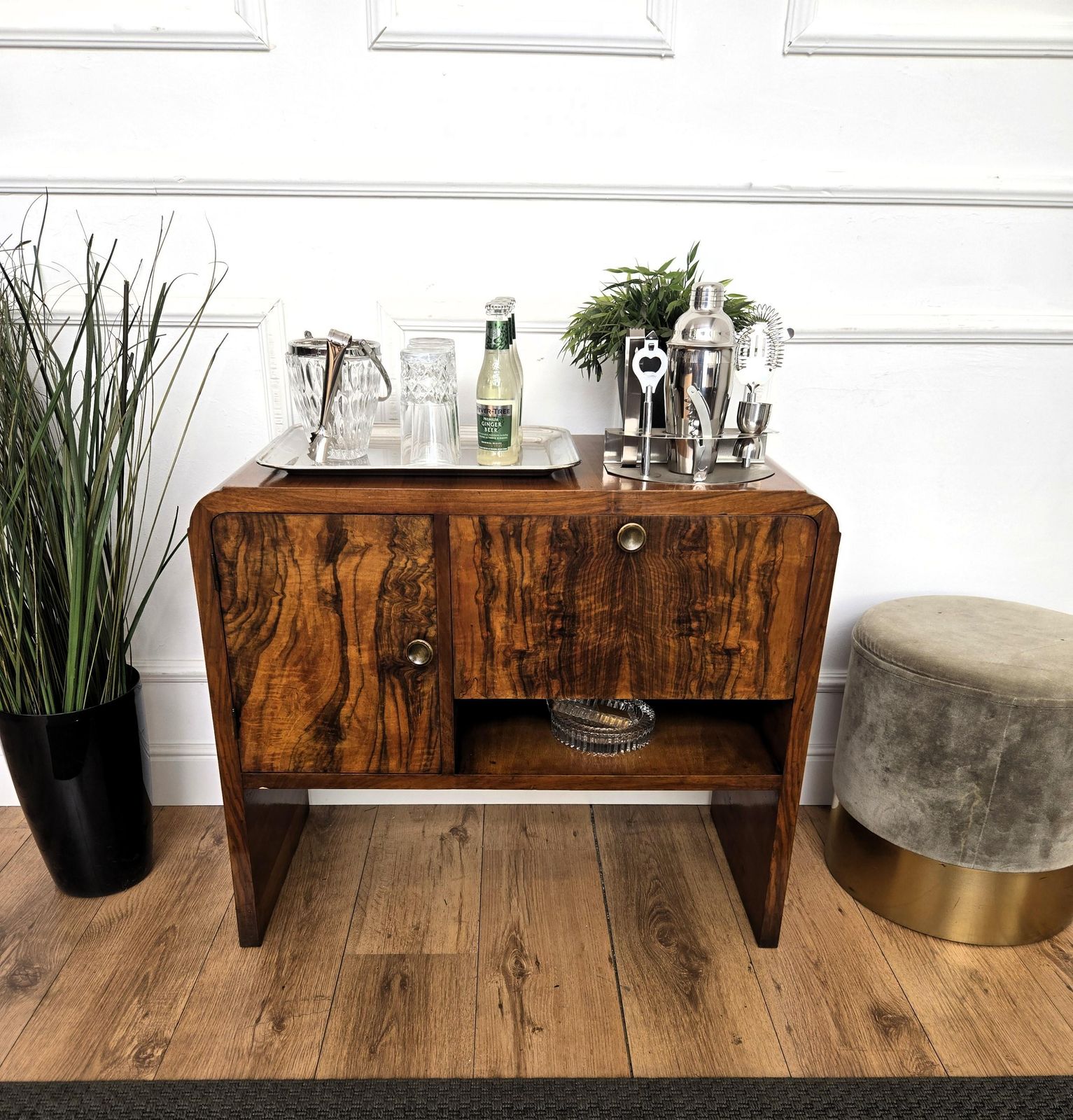 Italian 1940s Art Deco Midcentury Walnut Mirror Mosaic Dry Bar Cocktail Cabinet photo 1595.0
