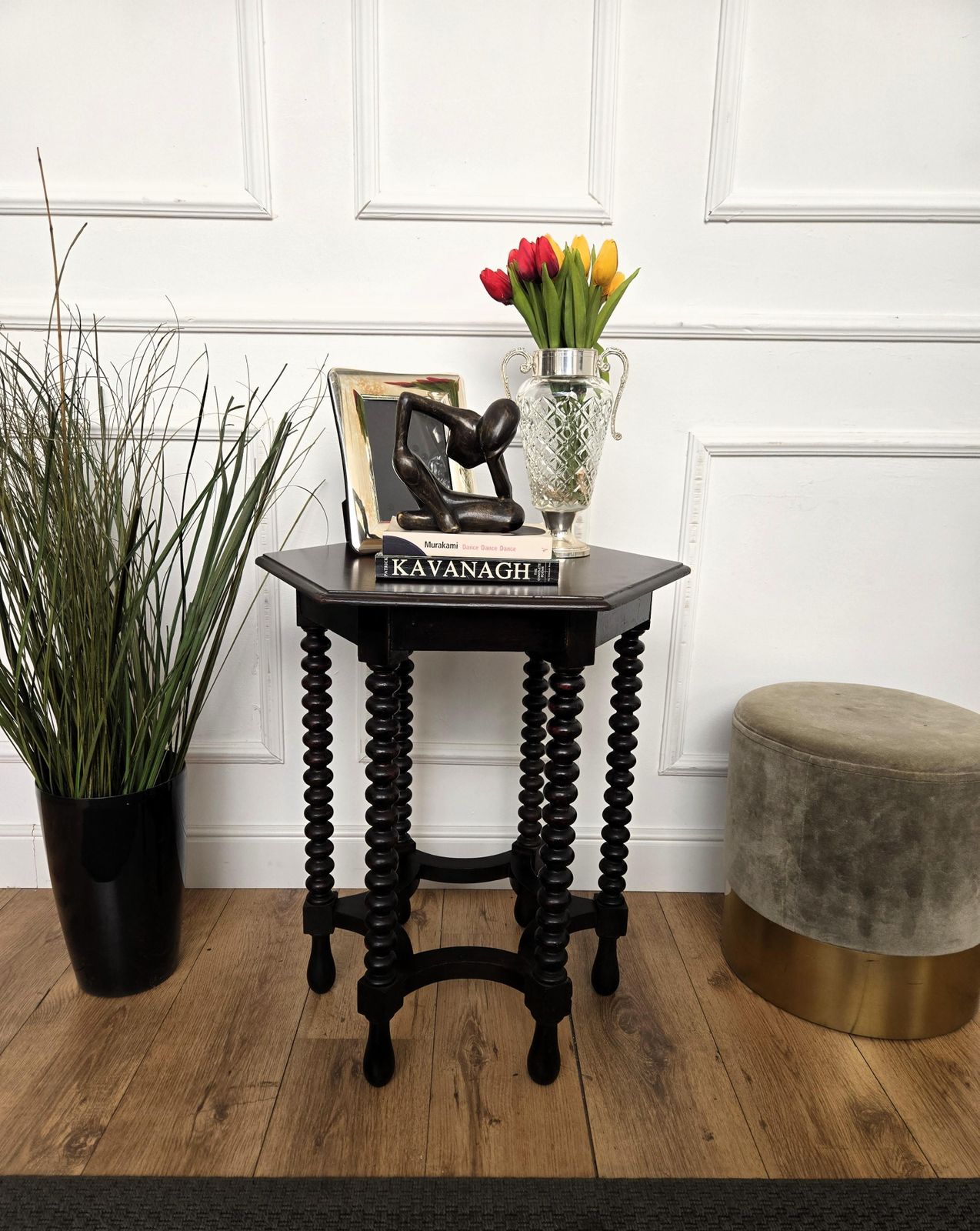 Antique Italian Hexagonal Black Walnut Side Table Stool With Bobbin Turned Legs photo furniture