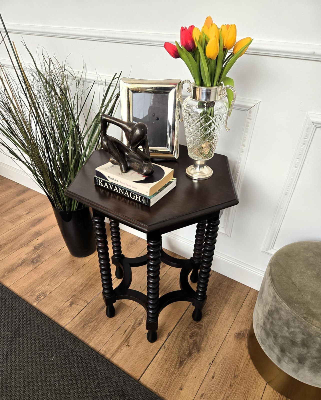 Antique Italian Hexagonal Black Walnut Side Table Stool With Bobbin Turned Legs photo for sale