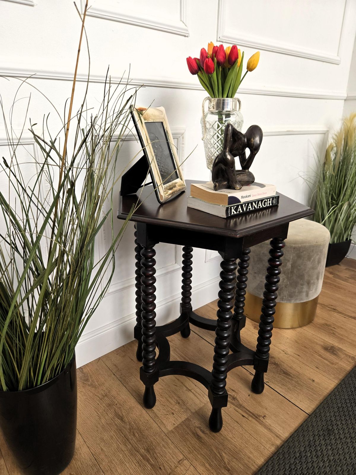 Antique Italian Hexagonal Black Walnut Side Table Stool With Bobbin Turned Legs photo Furniture