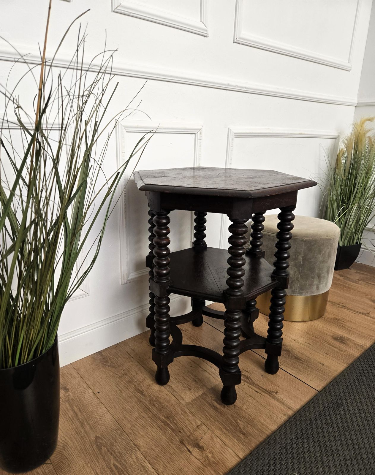 Antique Italian Hexagonal Walnut Side Table Or Stool With Bobbin Turned Legs photo vintage