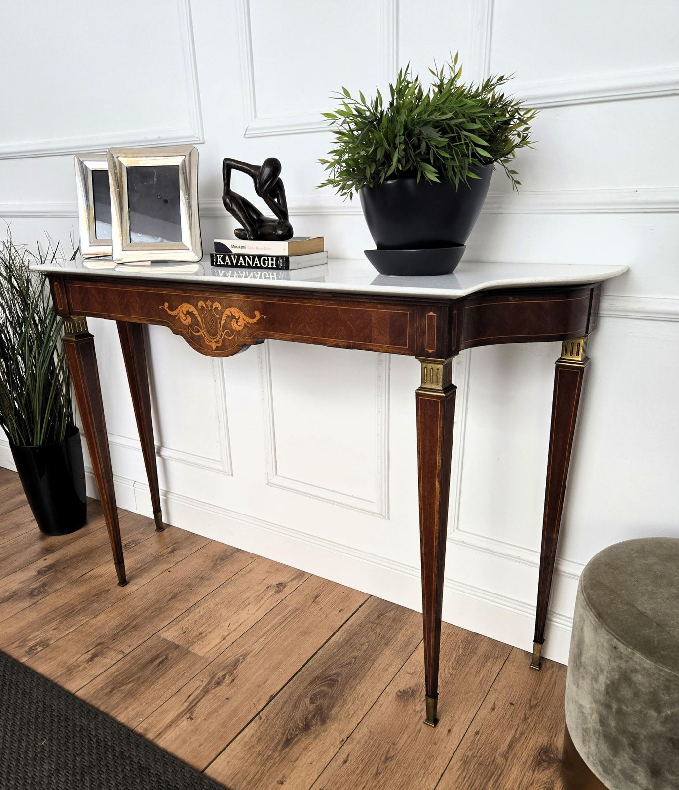 1950s Midcentury Italian Inlay Wood Brass Wall Console Table With Marble Top photo Furniture
