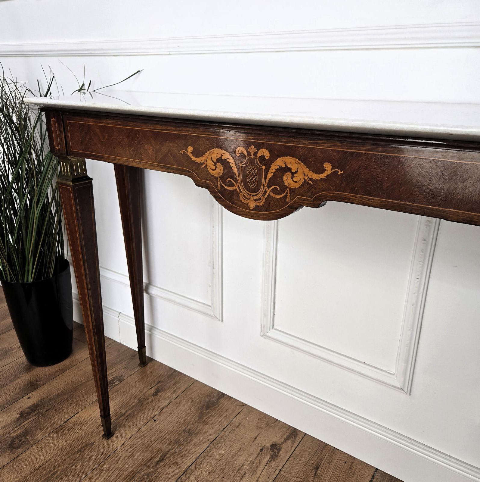 1950s Midcentury Italian Inlay Wood Brass Wall Console Table With Marble Top photo buy