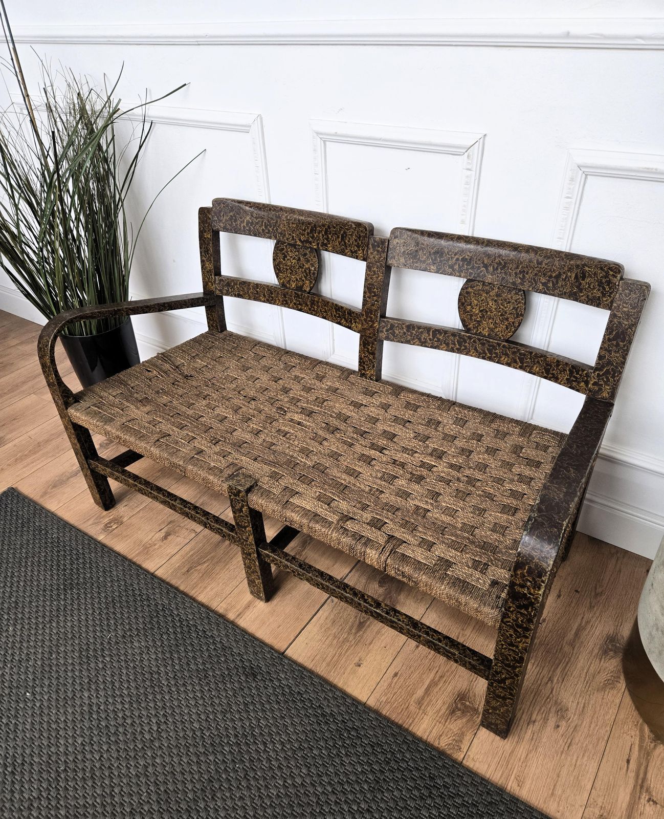 1960s Italian Midcentury Burl Wood And Cord Woven Rope Lounge Bench Armchair photo Furniture