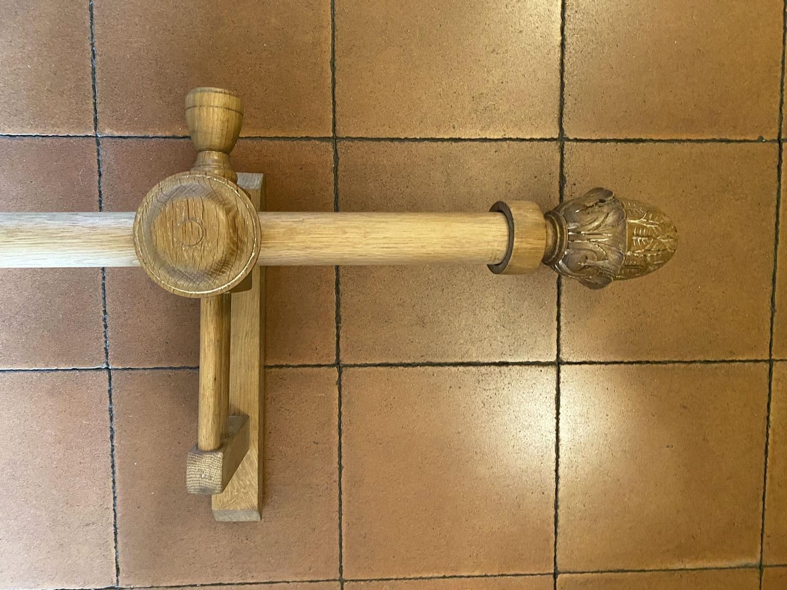 French Vintage Carved In Natural Oak Wood Curtain Rod With Wooden Rings photo for sale