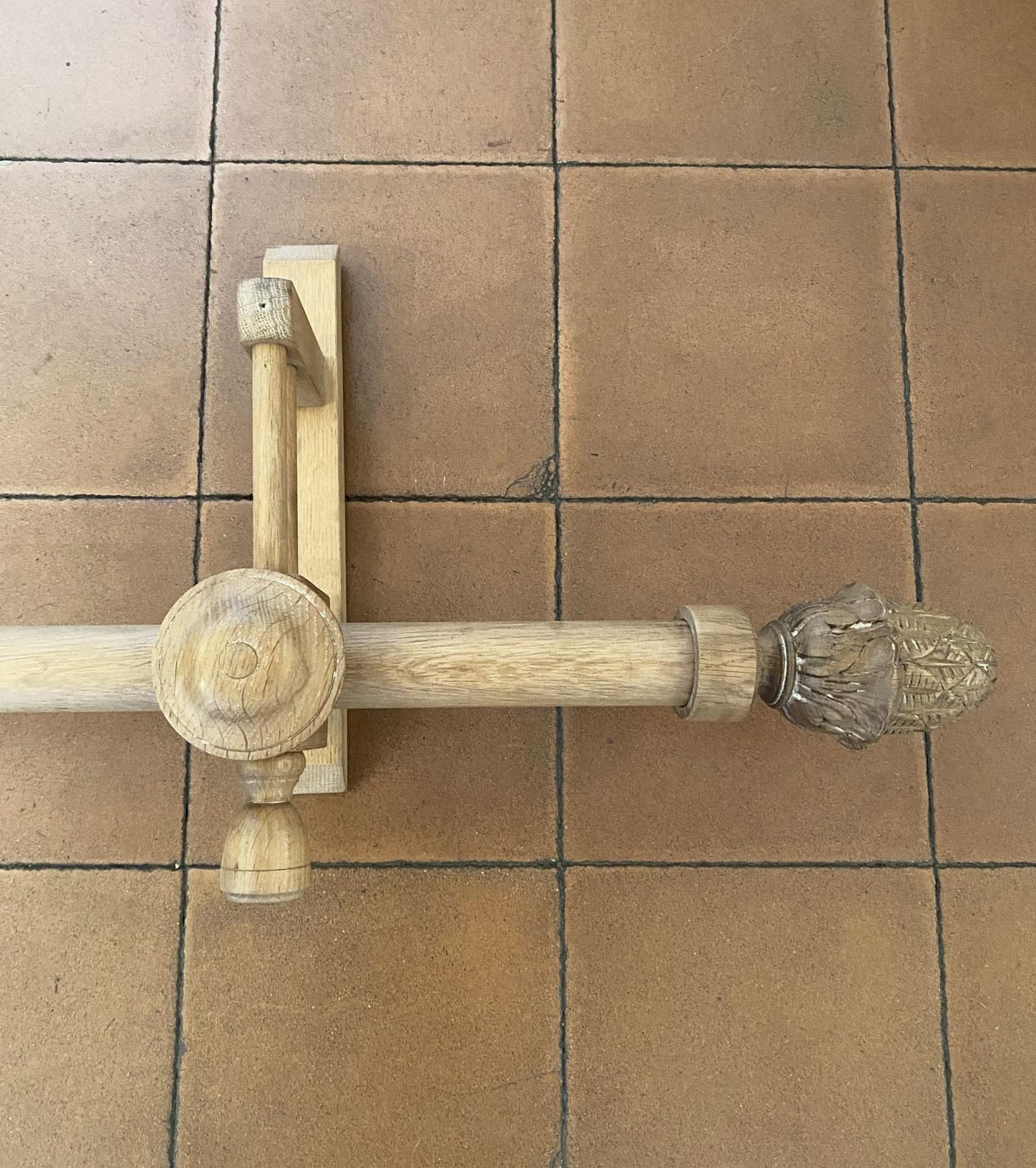 French Vintage Carved In Natural Oak Wood Curtain Rod With Wooden Rings photo vintage