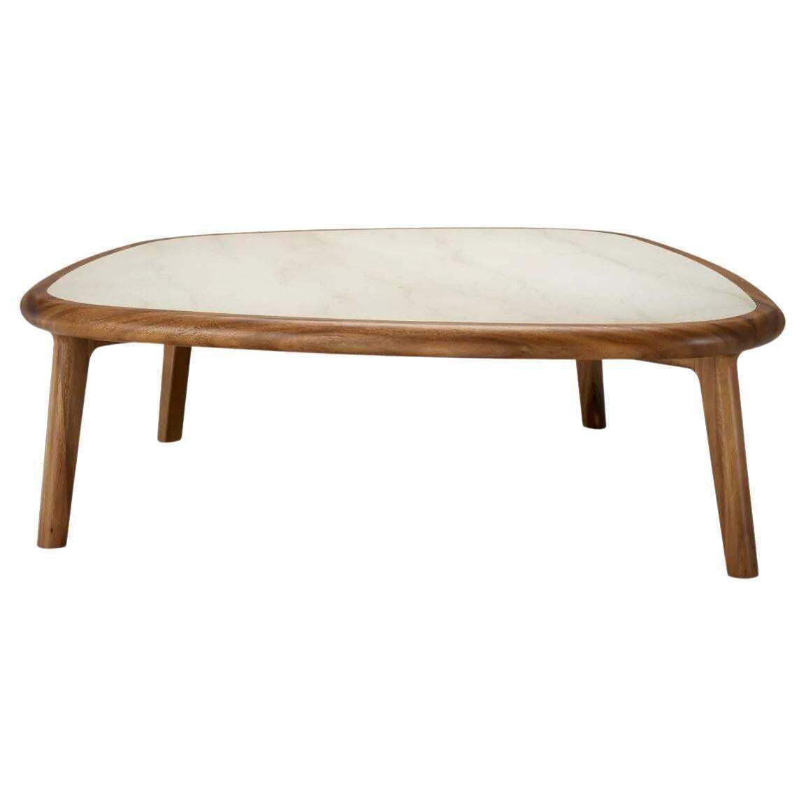 Wooden Coffee Table With Caramel Coloured Wood Finish And Beige Marble Top