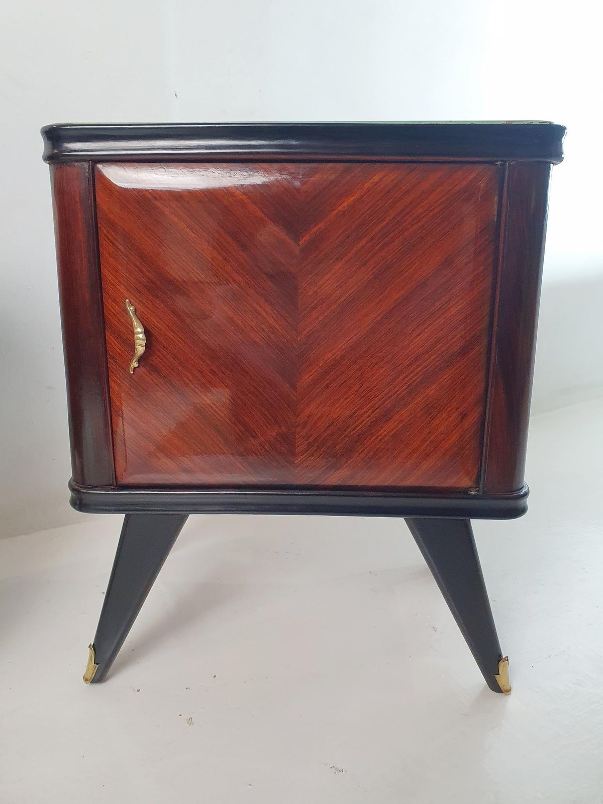 Handmade Mid Century Modern Nightstands In Walnut & Glass, Italy 1950 photo for sale