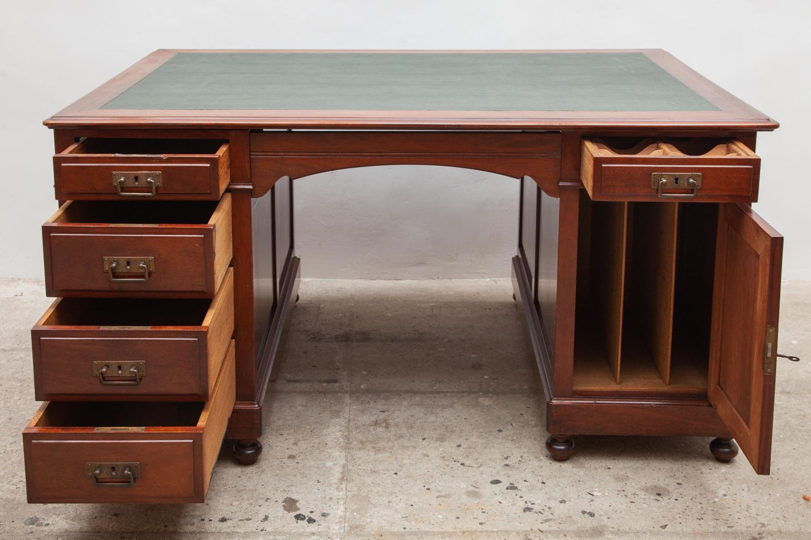 Furniture Antique English Secretary Desk, Leather Inlay, 1900 photo
