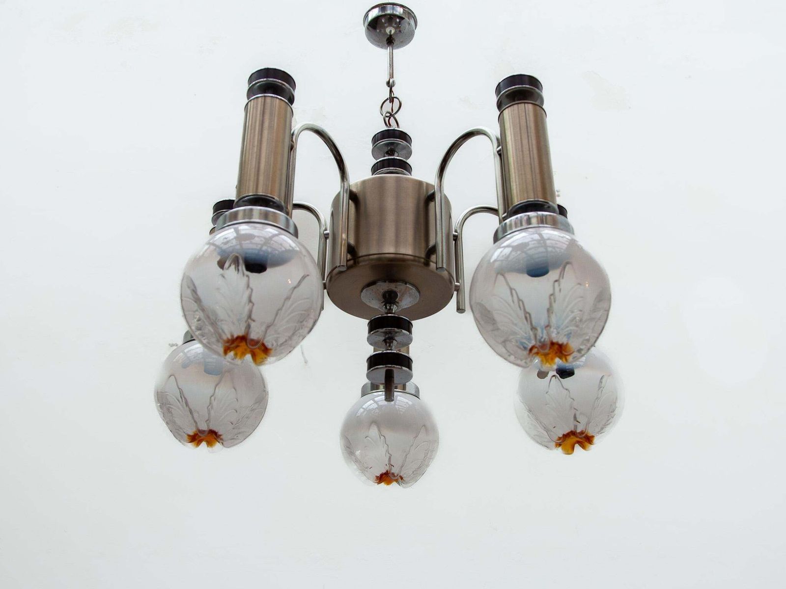 Murano Avmazzega Midcentury Five Blown Glass Globe And Chrome Chandelier, Italy photo 2373.0