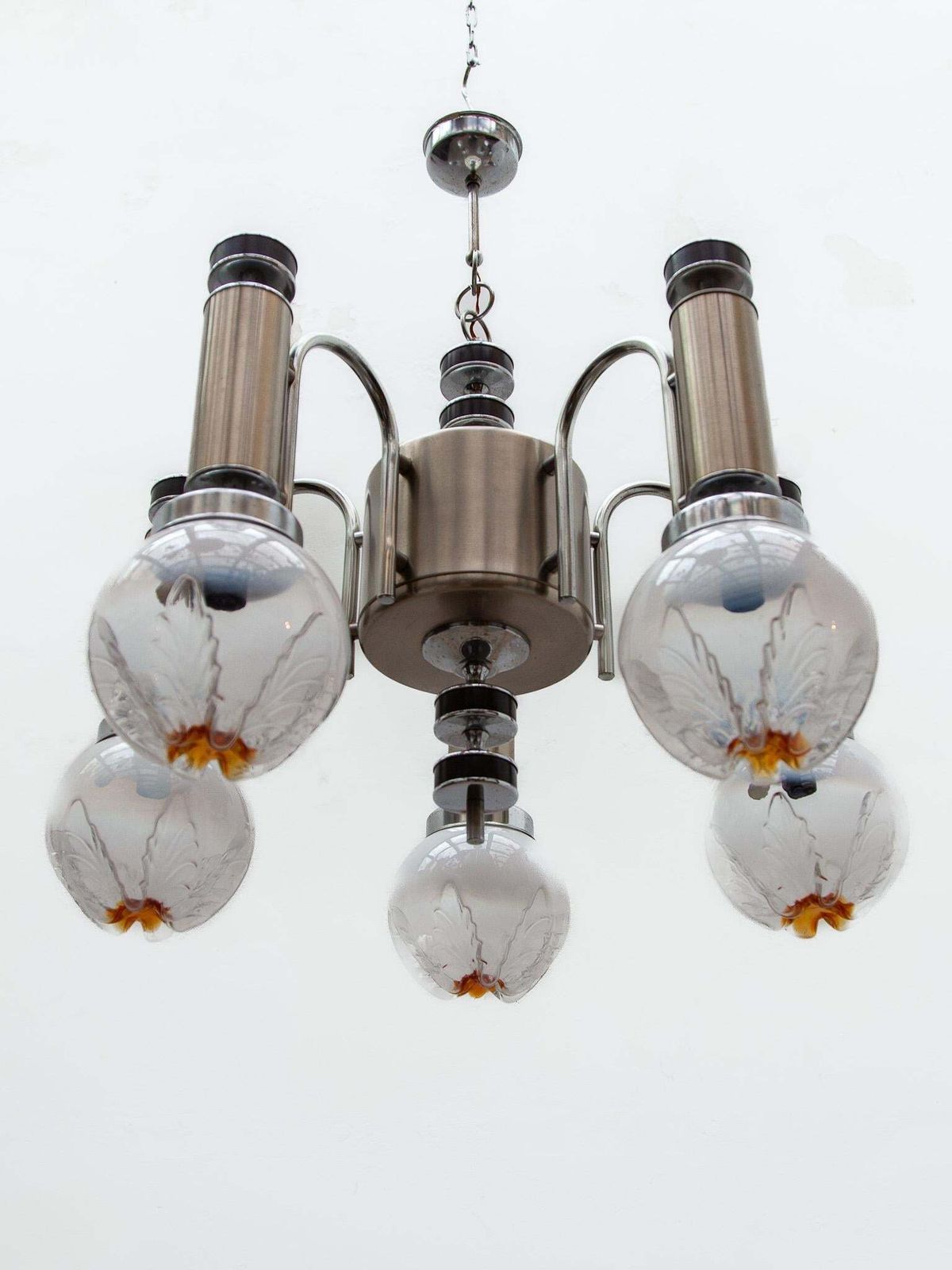 Murano Avmazzega Midcentury Five Blown Glass Globe And Chrome Chandelier, Italy photo vinterior
