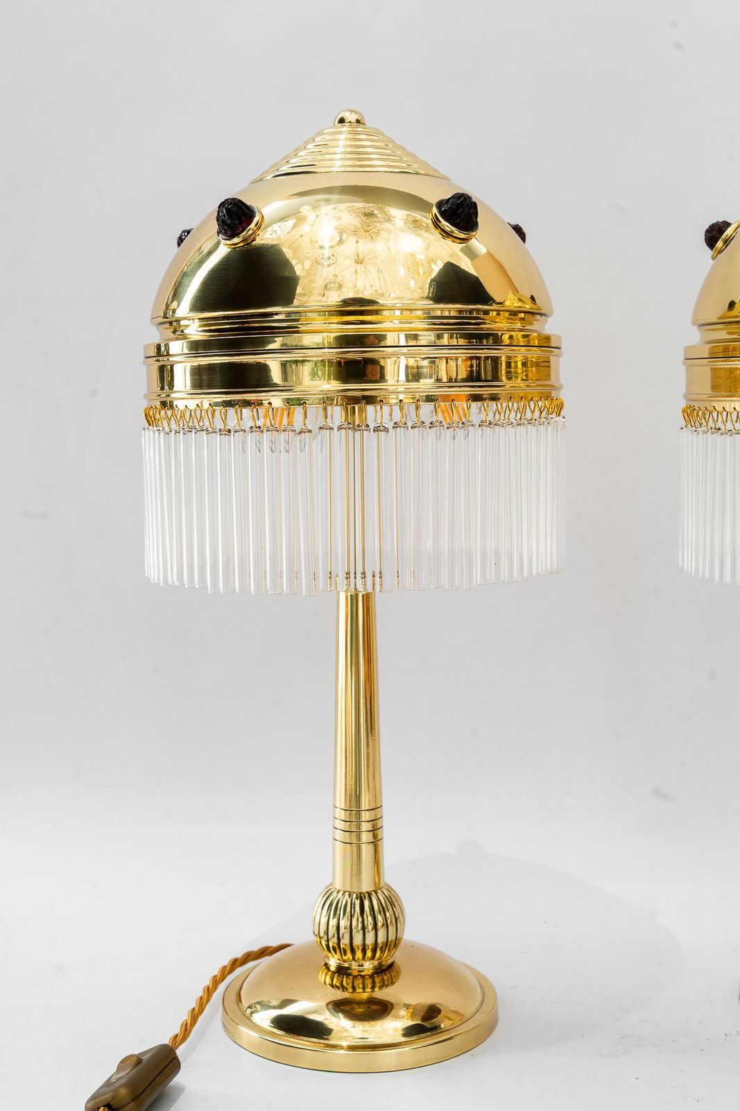 2x Art Deco Table Lamps With Red Opaline Glass Stones Vienna Around 1920s photo for sale