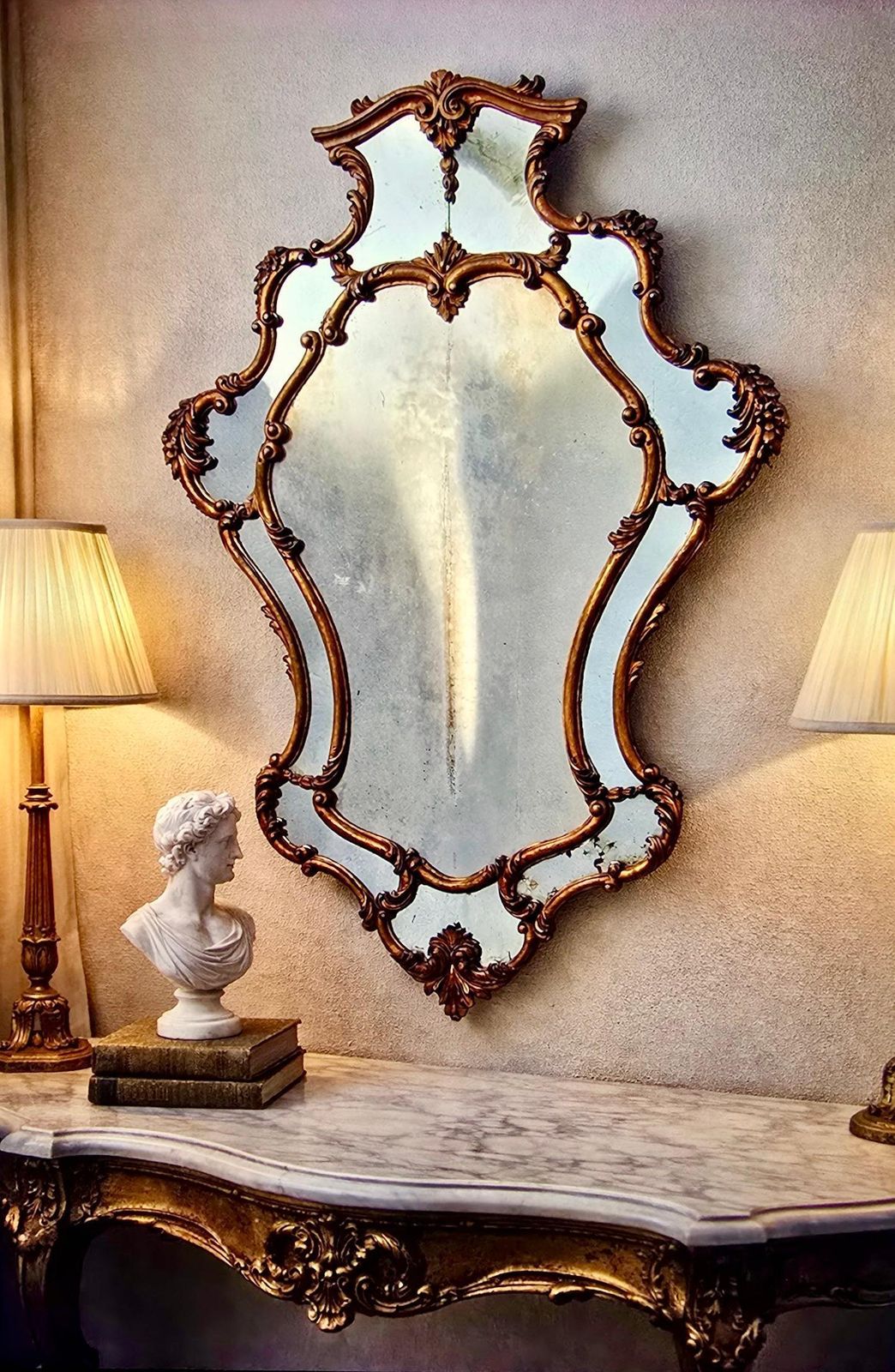 Large Italian Rococo Revival Carved Giltwood Mirror, Late 19th Century photo furniture