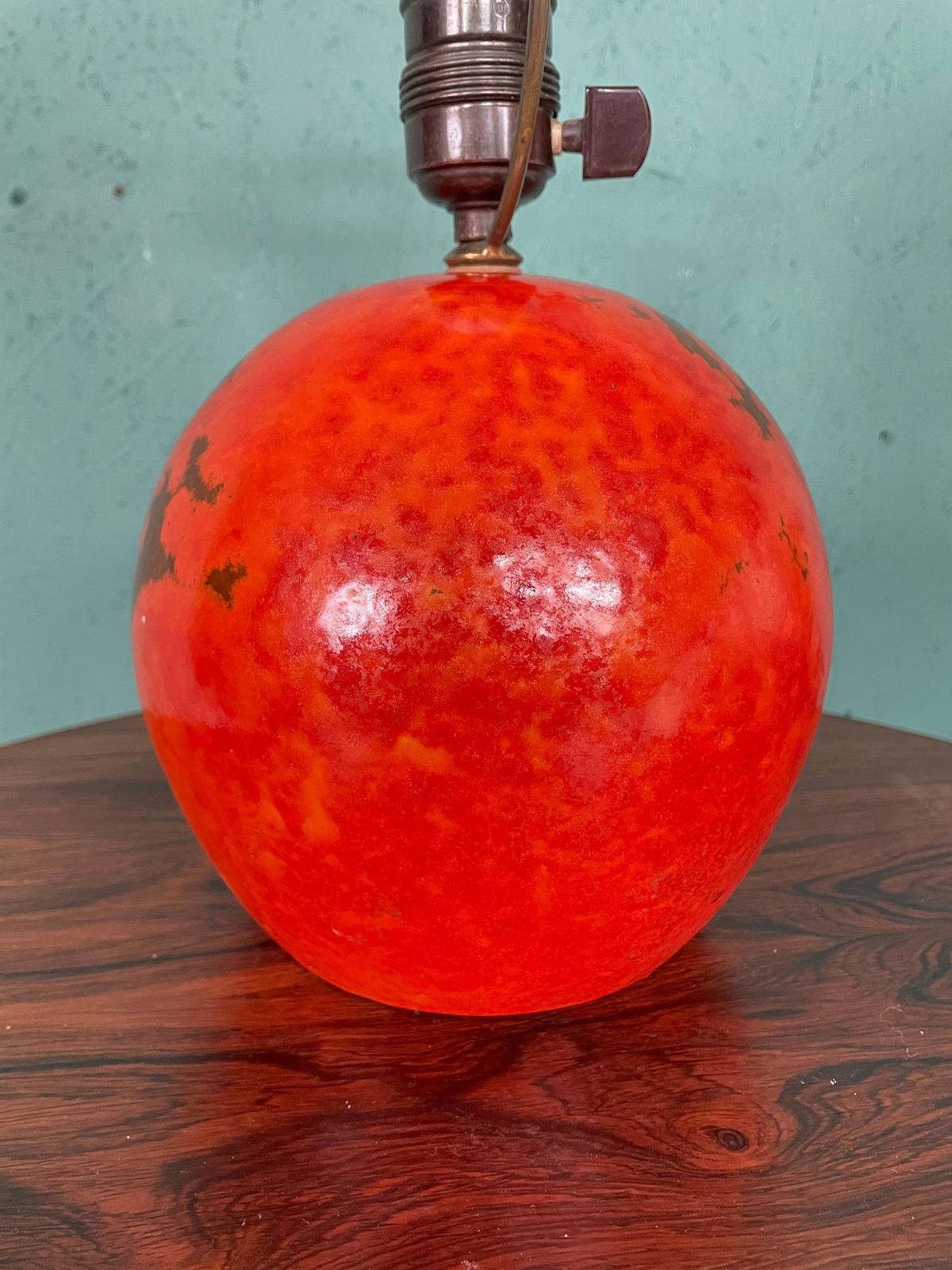 Art Deco Hak Herman Kähler Pottery Lamp, C.1930s Orange Globe With Brass Detais photo for sale