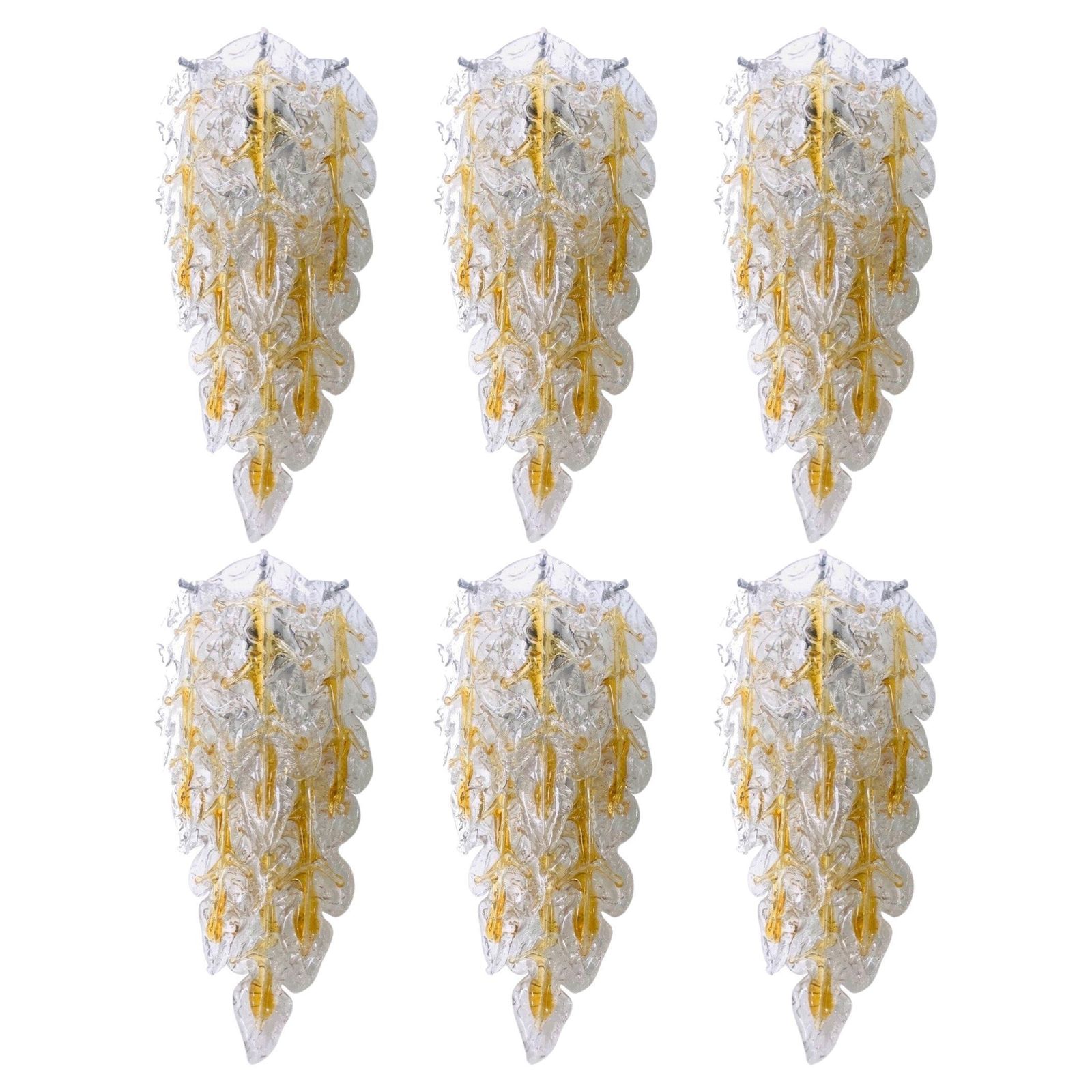 Italian Midcentury Set Of Six Leaf Murano Wall Sconces By Mazzega, 1970s