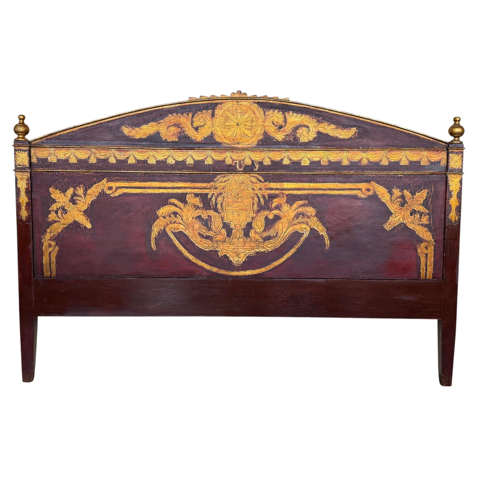 19th Century Italian Polychrome Queen Headboard In Garnet And Gold
