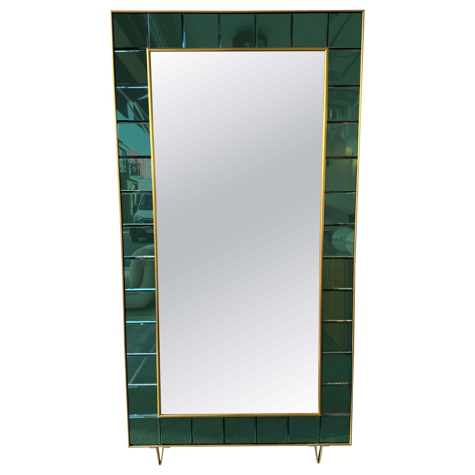 Extra Large Floor Mirror Green Glass And Brass By Cristal Art Italy, 1960s