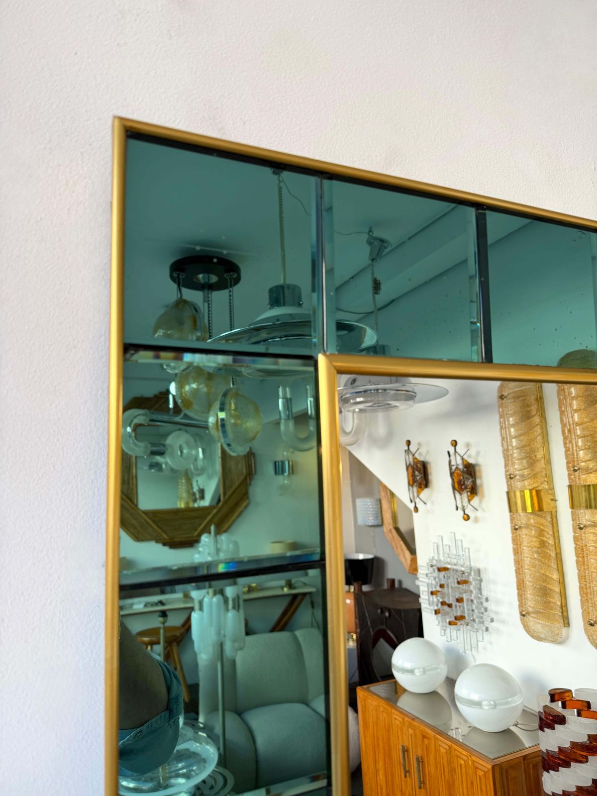 Extra Large Floor Mirror Green Glass And Brass By Cristal Art Italy, 1960s photo 10634.0