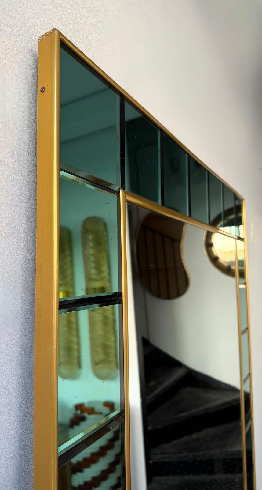 Extra Large Floor Mirror Green Glass And Brass By Cristal Art Italy, 1960s photo vintage