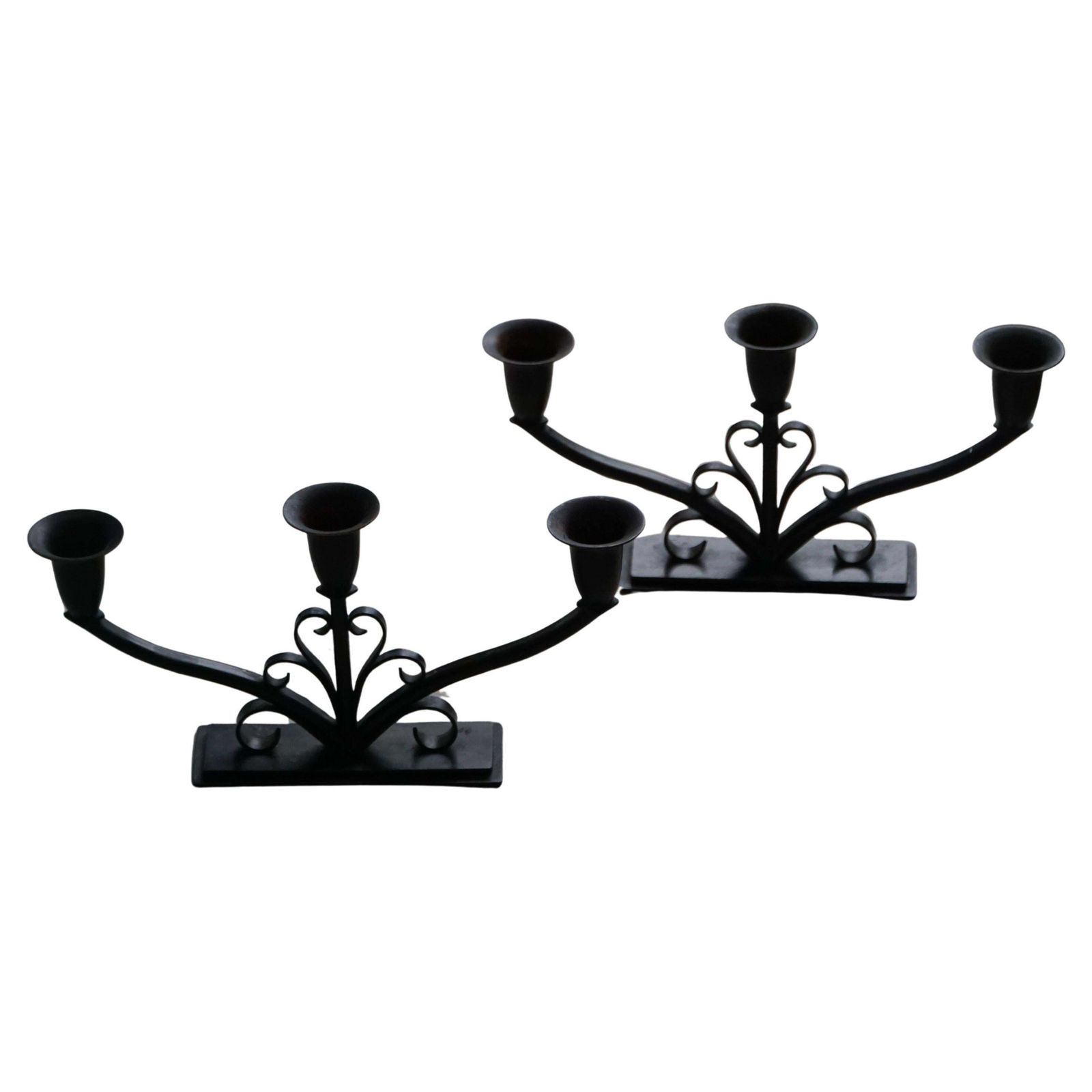 Early 20th Century, Pair Of Art Deco Danish Metal Three Arm Candelabra, 1930s