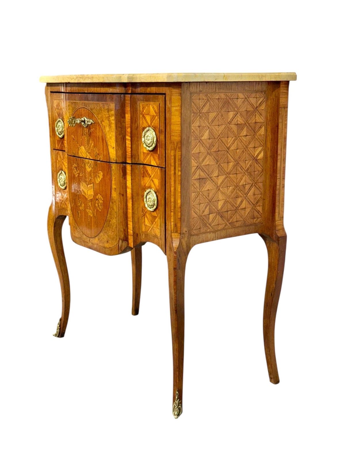 French Louis XV Style Marquetry Commode With Marble Top, Late 19th Century photo furniture