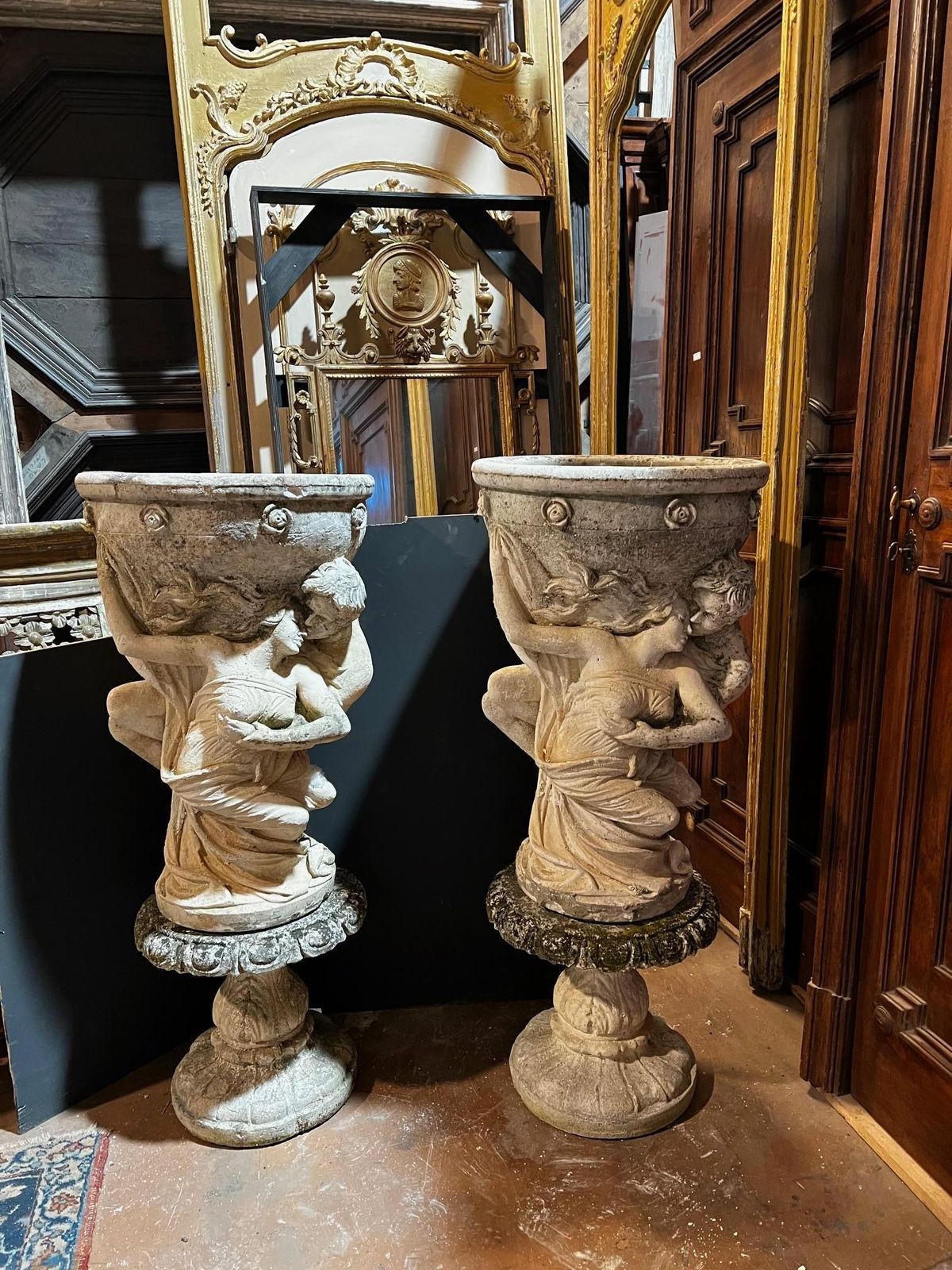 Pair Of Large Composite Stone Vases With Allegorical Figures, Italy photo for sale
