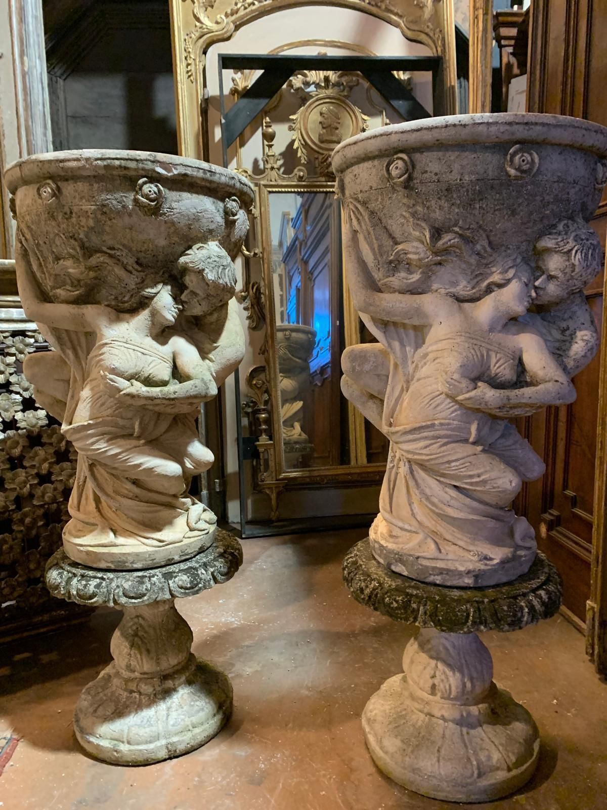 Home Decor Pair Of Large Composite Stone Vases With Allegorical Figures, Italy photo