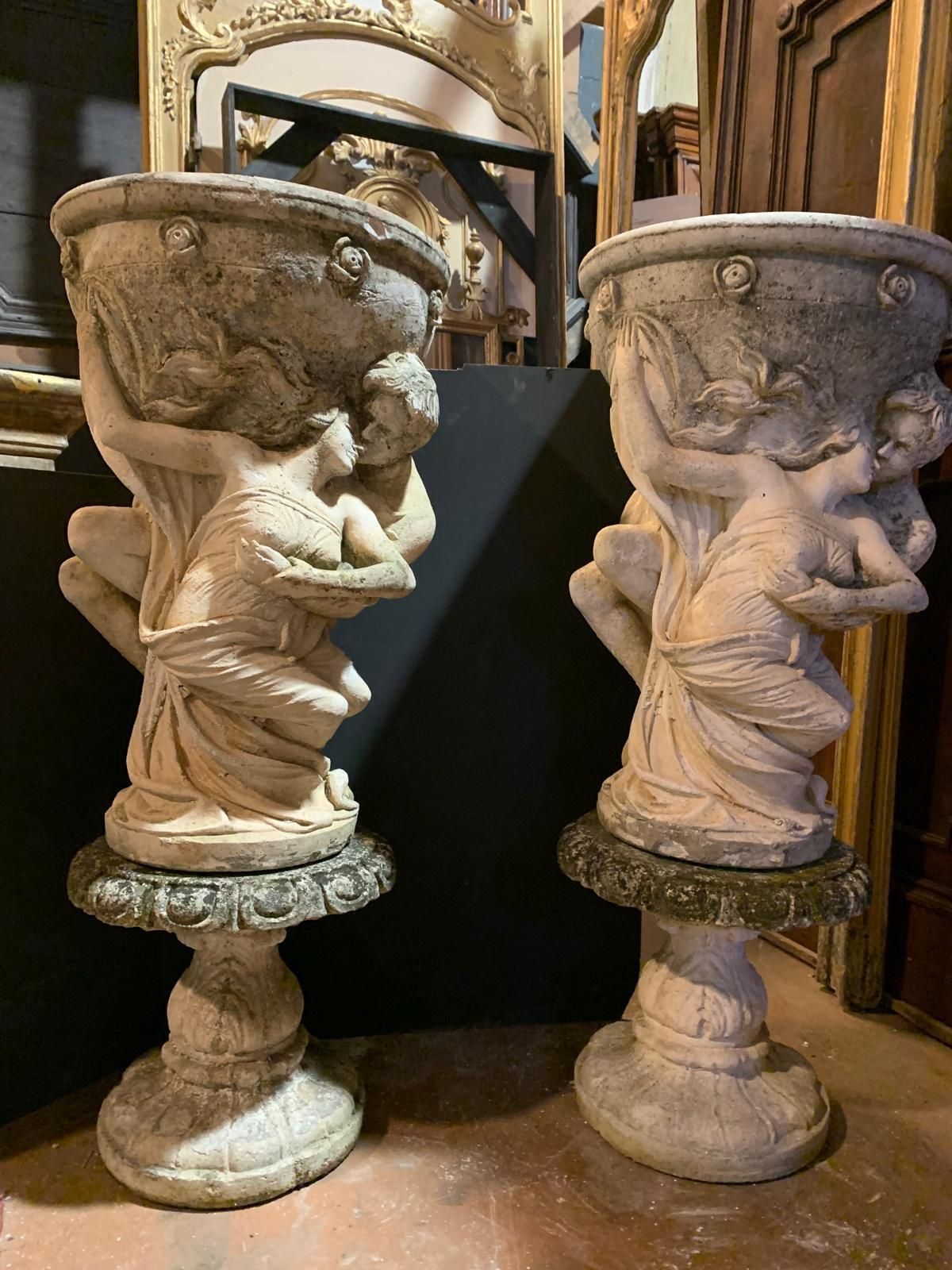 4382.0 Pair Of Large Composite Stone Vases With Allegorical Figures, Italy photo