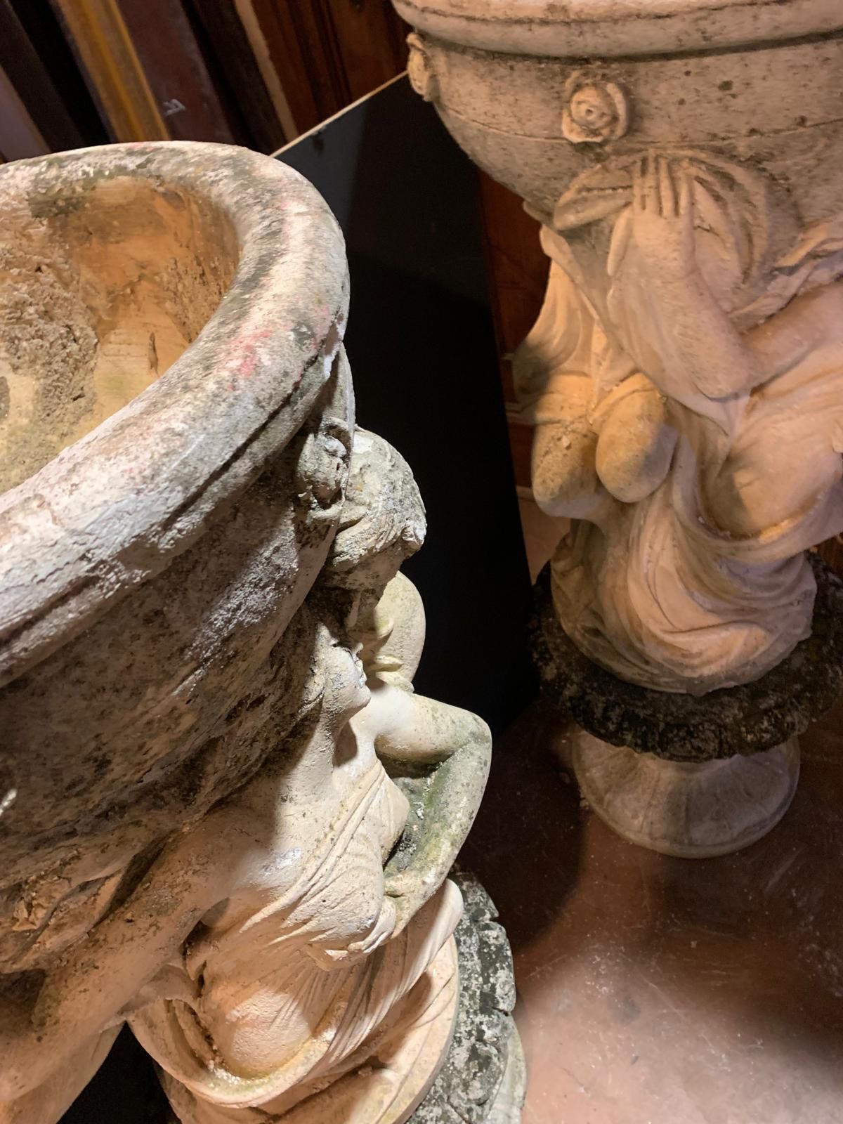 photo buy Pair Of Large Composite Stone Vases With Allegorical Figures, Italy