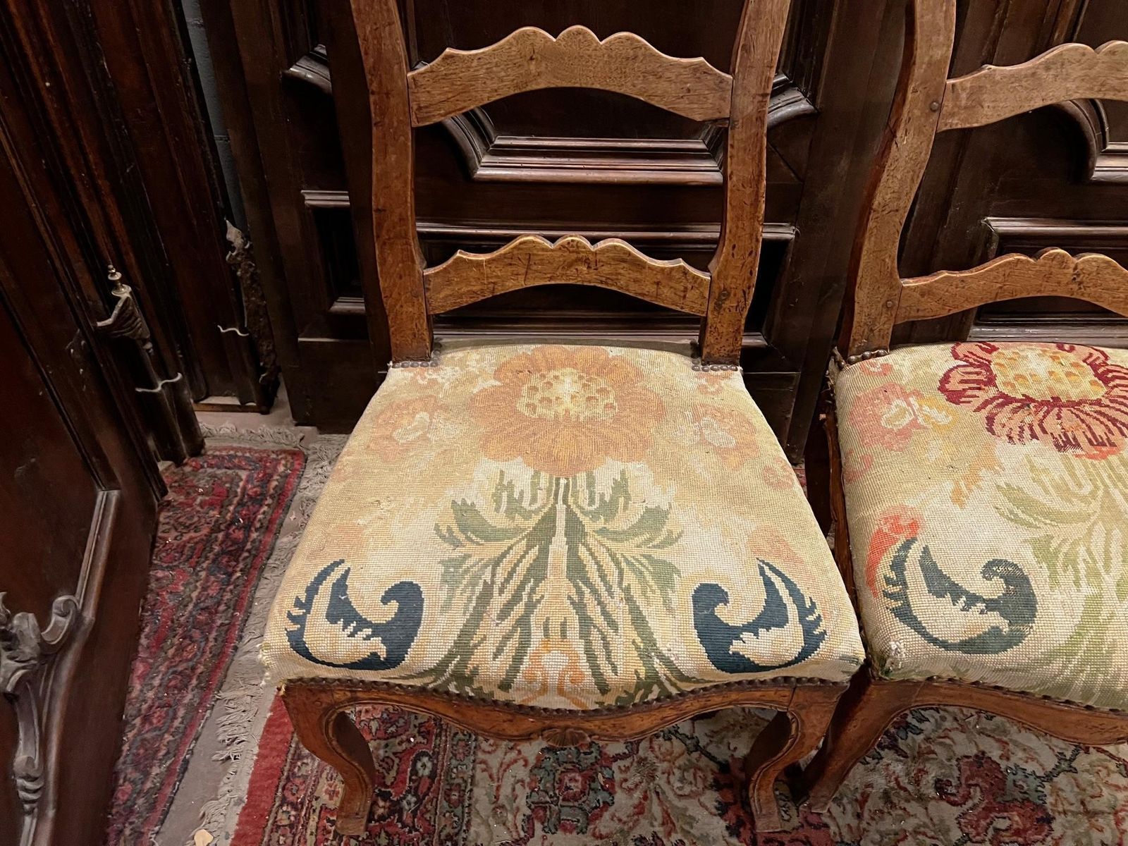 Set Of No.6 Walnut Chairs, Floral Upholstery, Italy photo vinterior